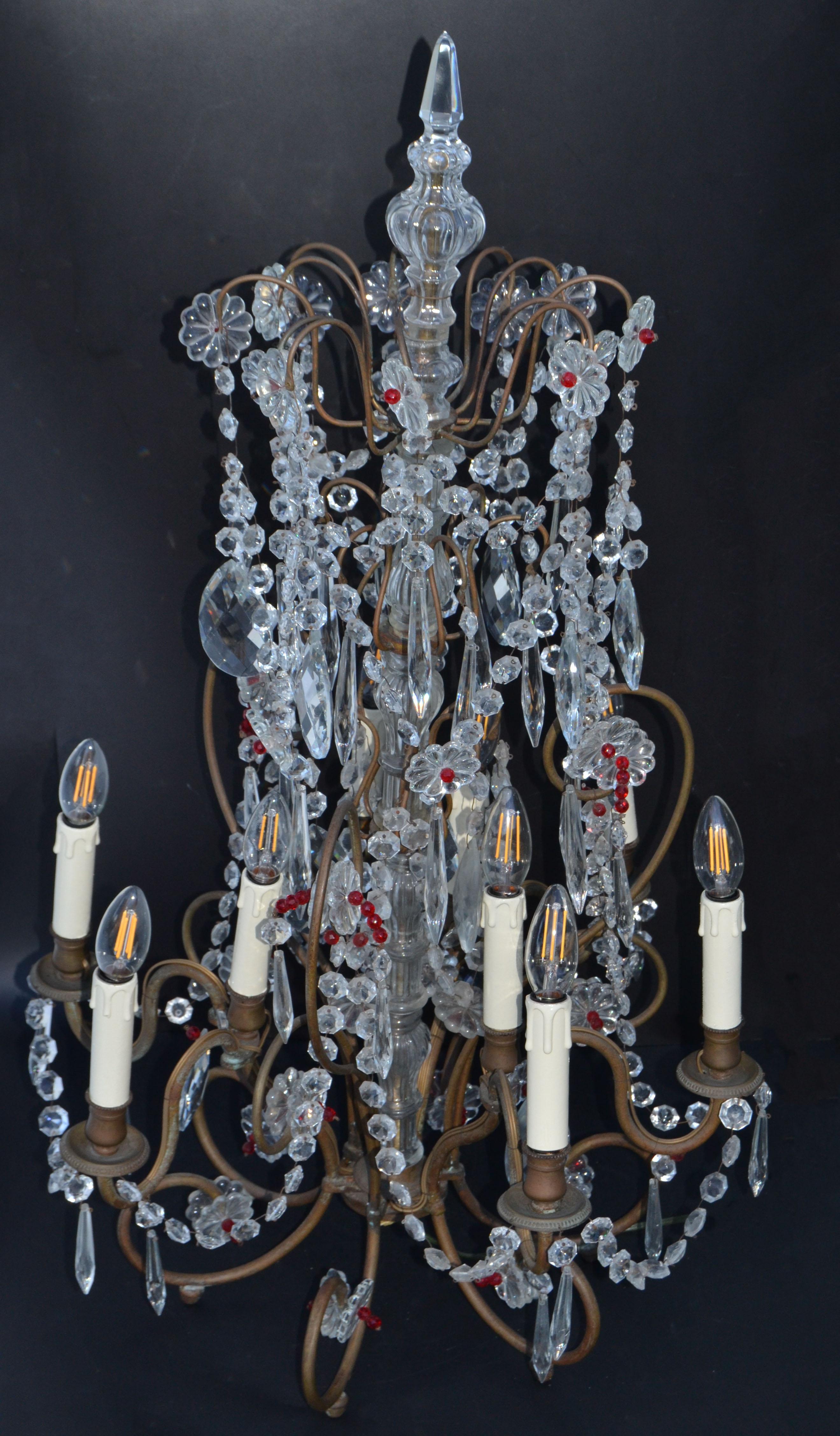 Large 9 Light Girandoles Maison Baguès Brass & Crystal Ornaments, Pair For Sale 4