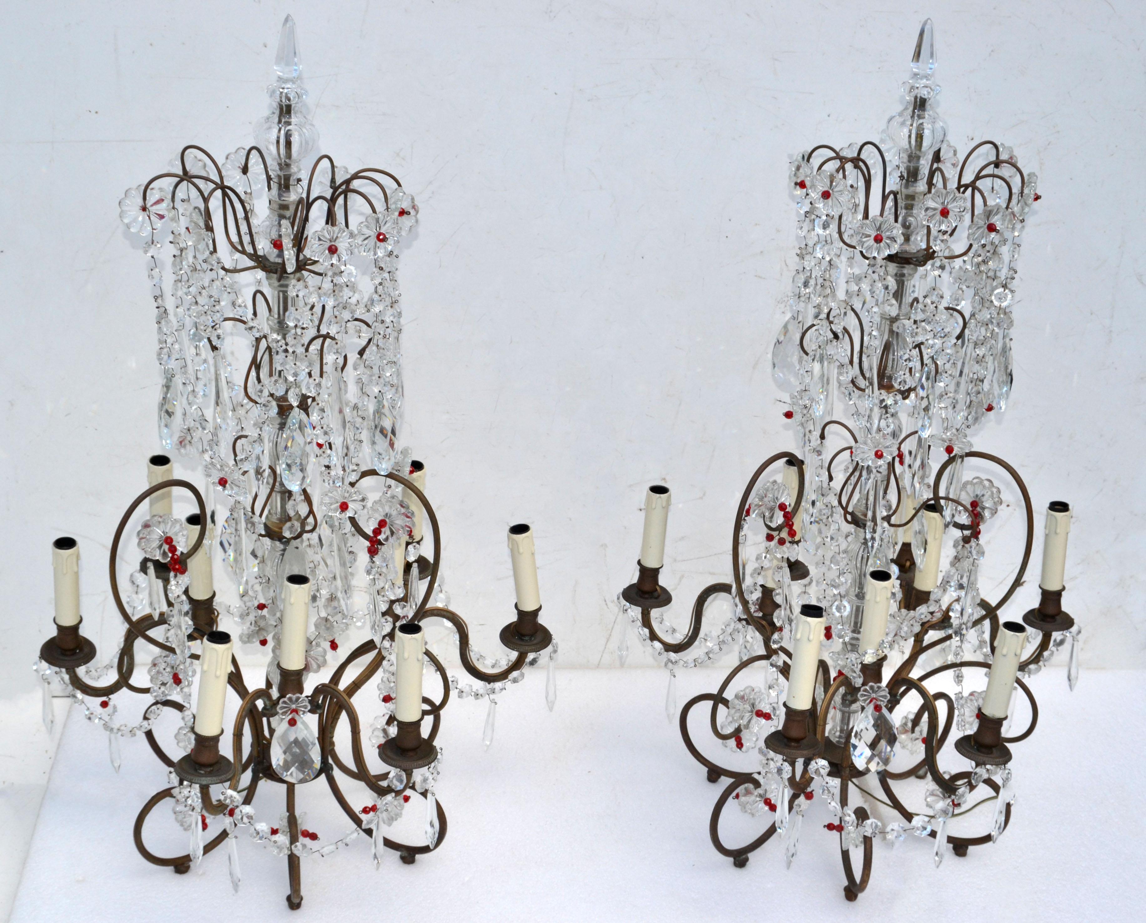 Large 9 Light Girandoles Maison Baguès Brass & Crystal Ornaments, Pair For Sale 9