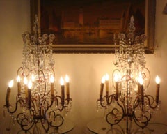 Large 9 Light Girandoles Baguès Style Brass & Crystal Ornaments, Pair