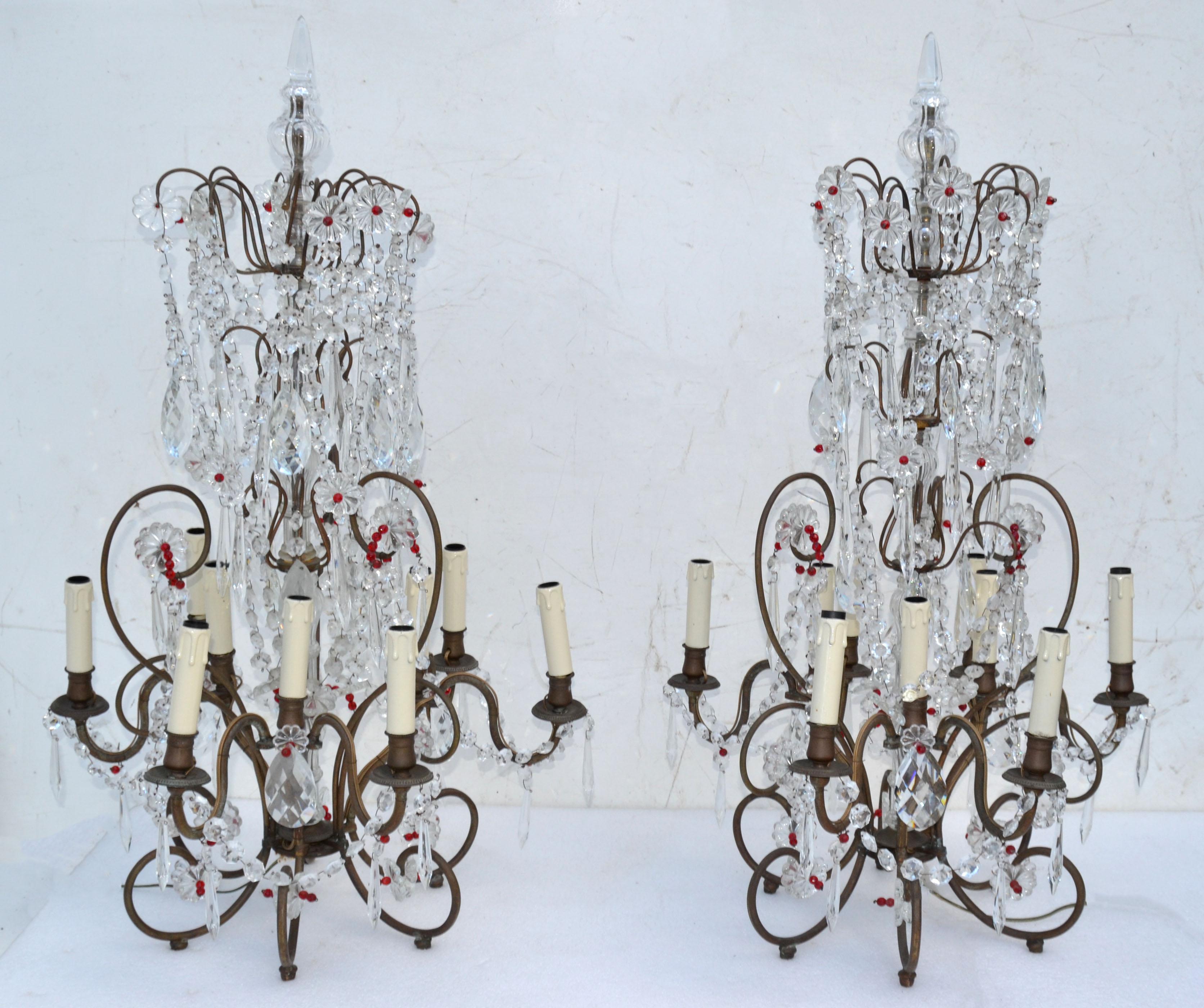 Napoleon III Large 9 Light Girandoles Maison Baguès Brass & Crystal Ornaments, Pair For Sale