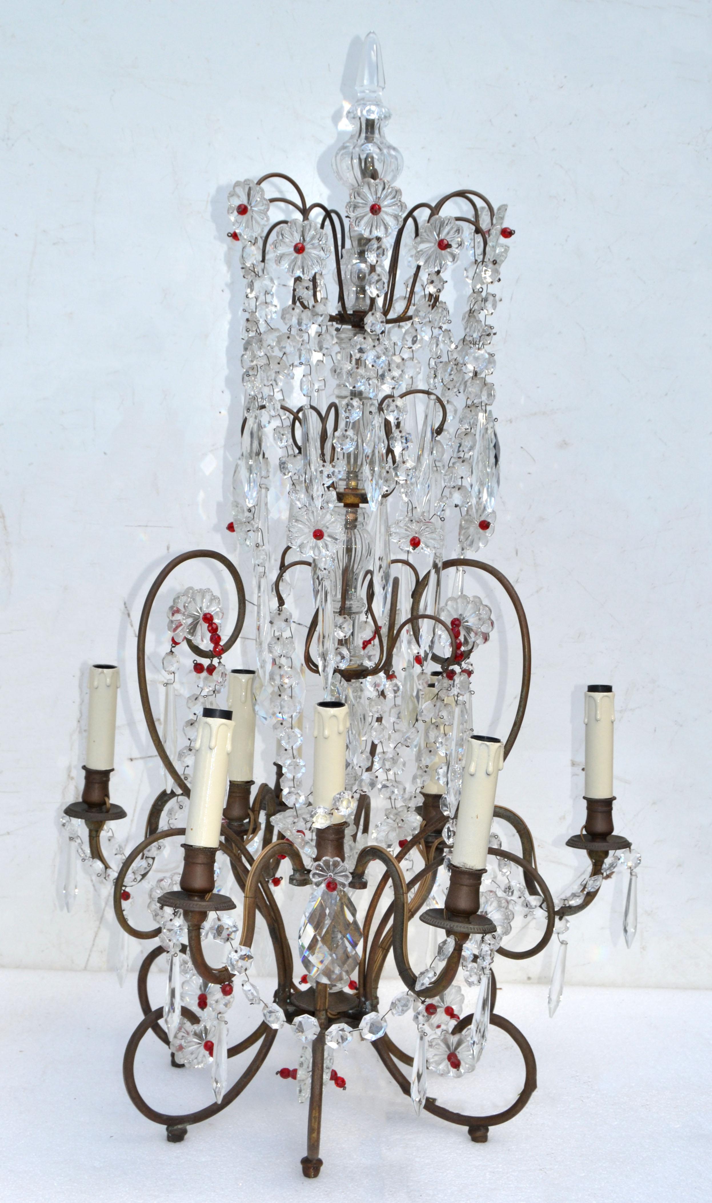 French Large 9 Light Girandoles Maison Baguès Brass & Crystal Ornaments, Pair For Sale