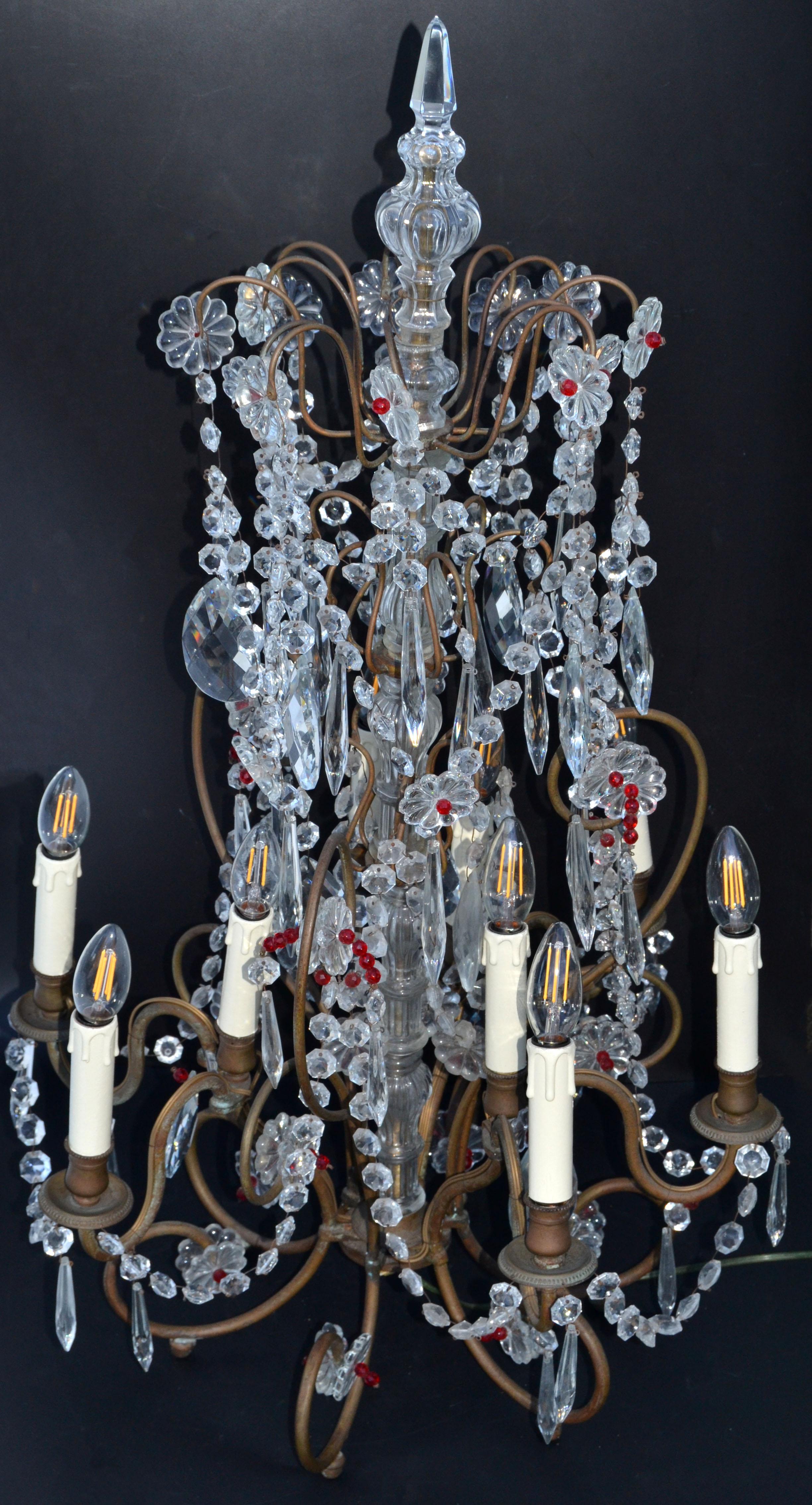 Hand-Crafted Large 9 Light Girandoles Maison Baguès Brass & Crystal Ornaments, Pair For Sale