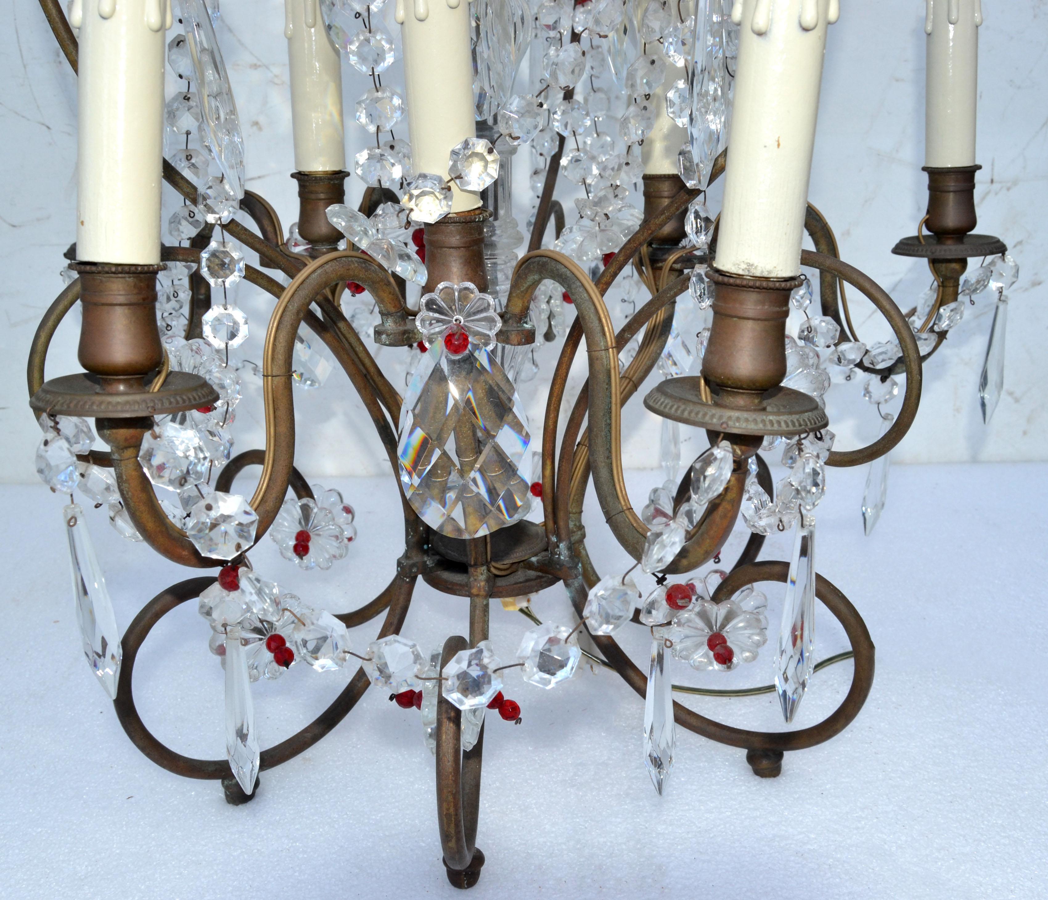 Large 9 Light Girandoles Maison Baguès Brass & Crystal Ornaments, Pair For Sale 1