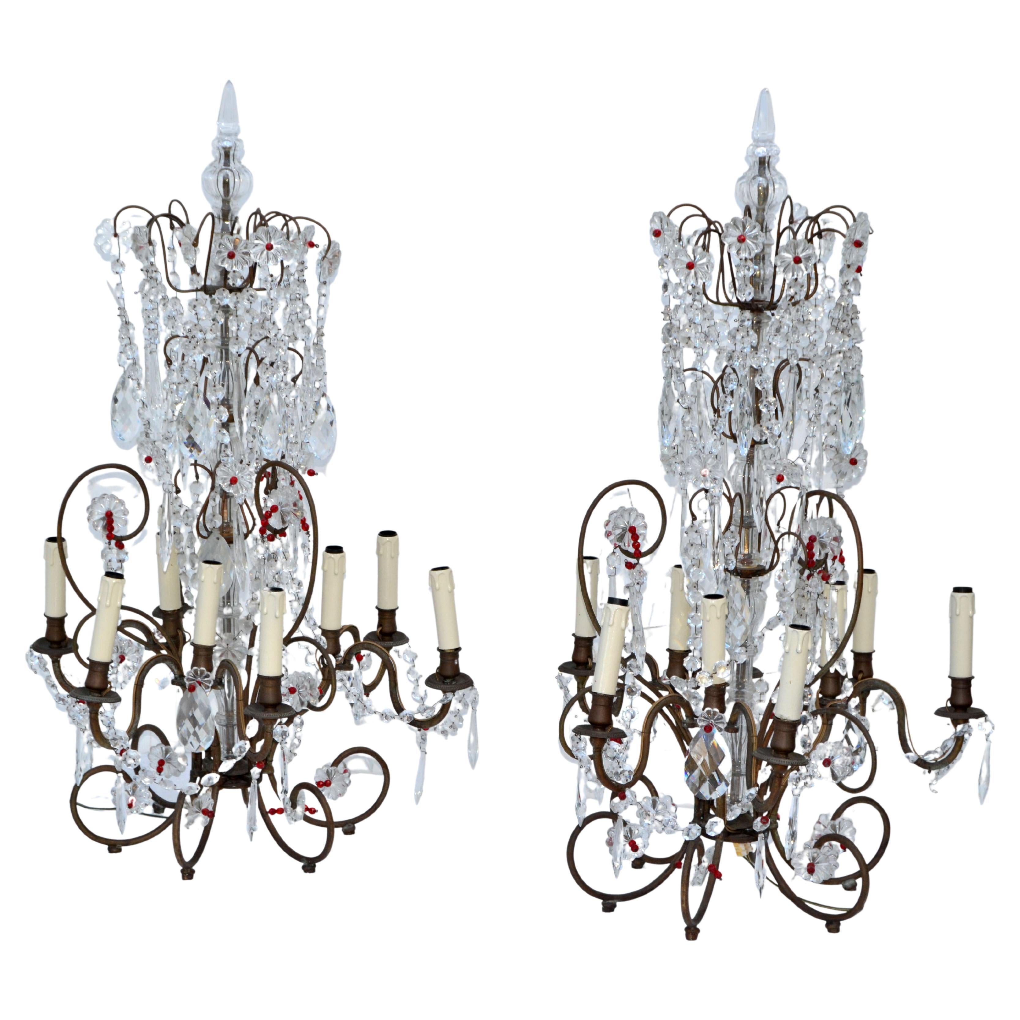 Large 9 Light Girandoles Maison Baguès Brass & Crystal Ornaments, Pair For Sale