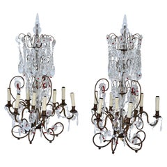 Large 9 Light Girandoles Maison Baguès Brass & Crystal Ornaments, Pair