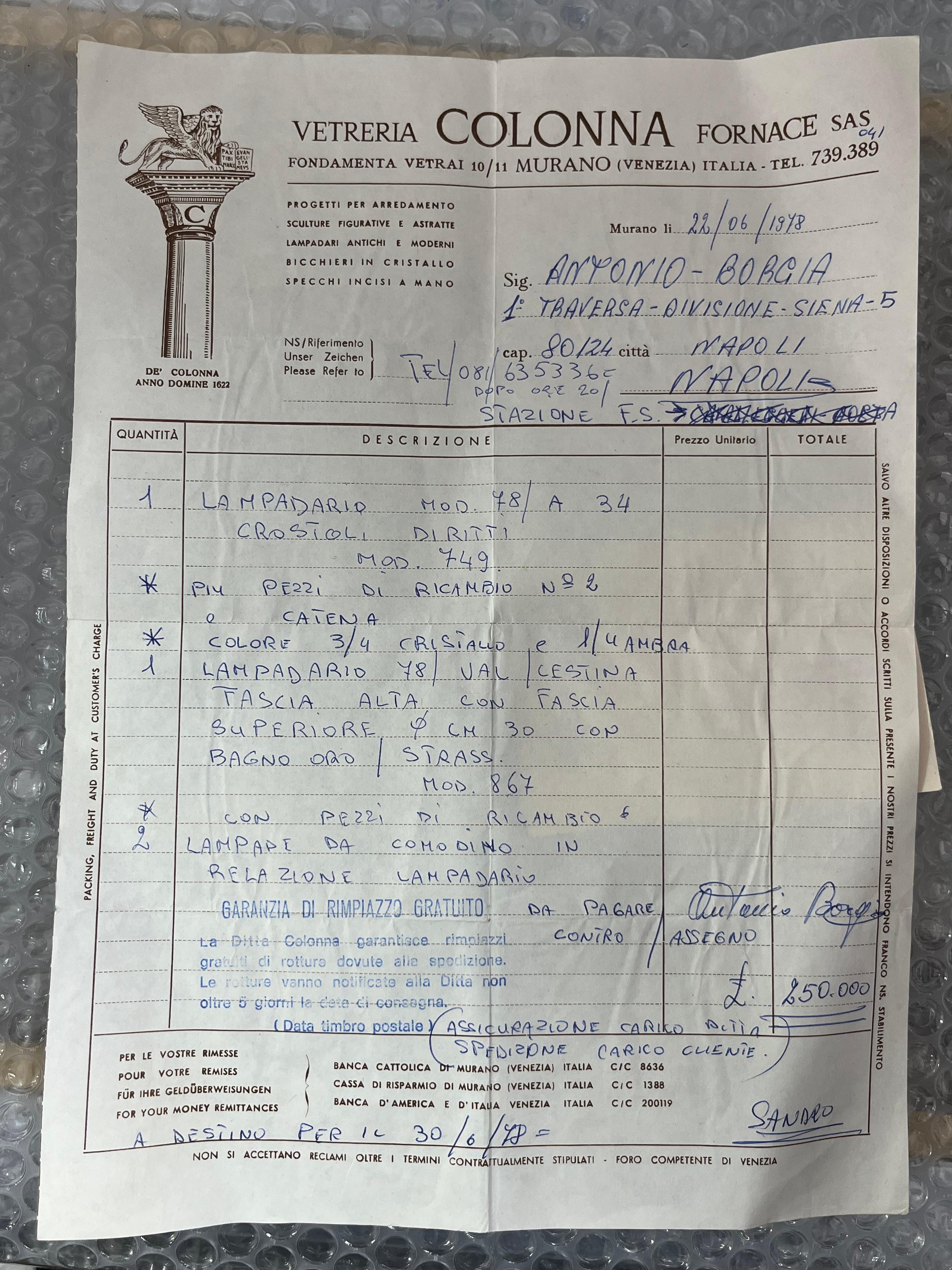 Grand lustre de 9 lumières en verre de Murano, facture d'achat de 1978 Bon état - En vente à Palermo, IT