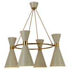 Large 950s Hourglass Chandeliers with Grey Metal Diabolo Shades on Brass Frame