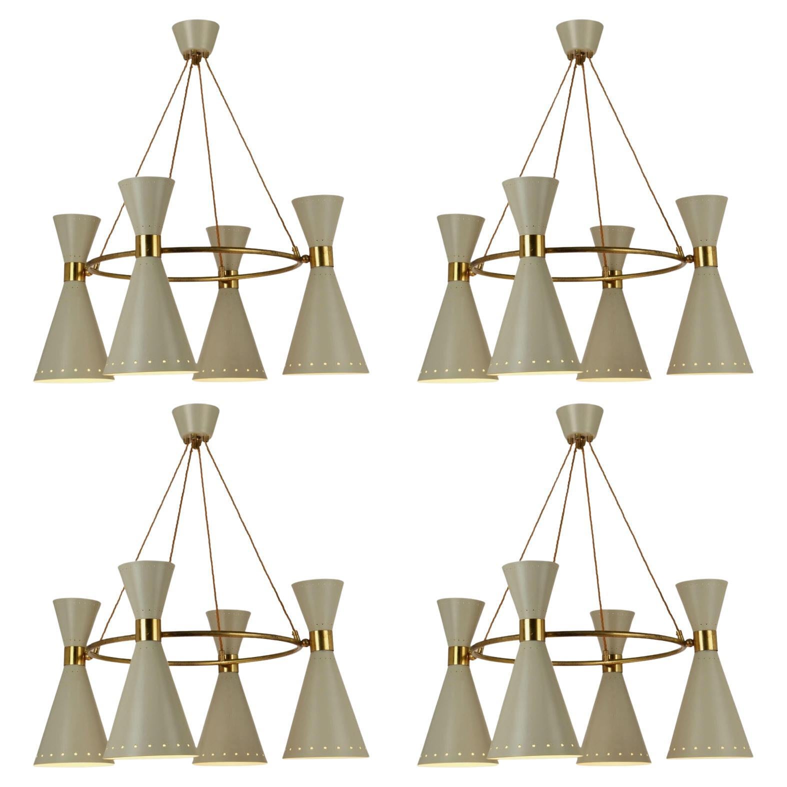 Large 950s Hourglass Chandeliers with Grey Metal Diabolo Shades on Brass Frame