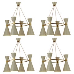 Large 950s Hourglass Chandeliers with Grey Metal Diabolo Shades on Brass Frame