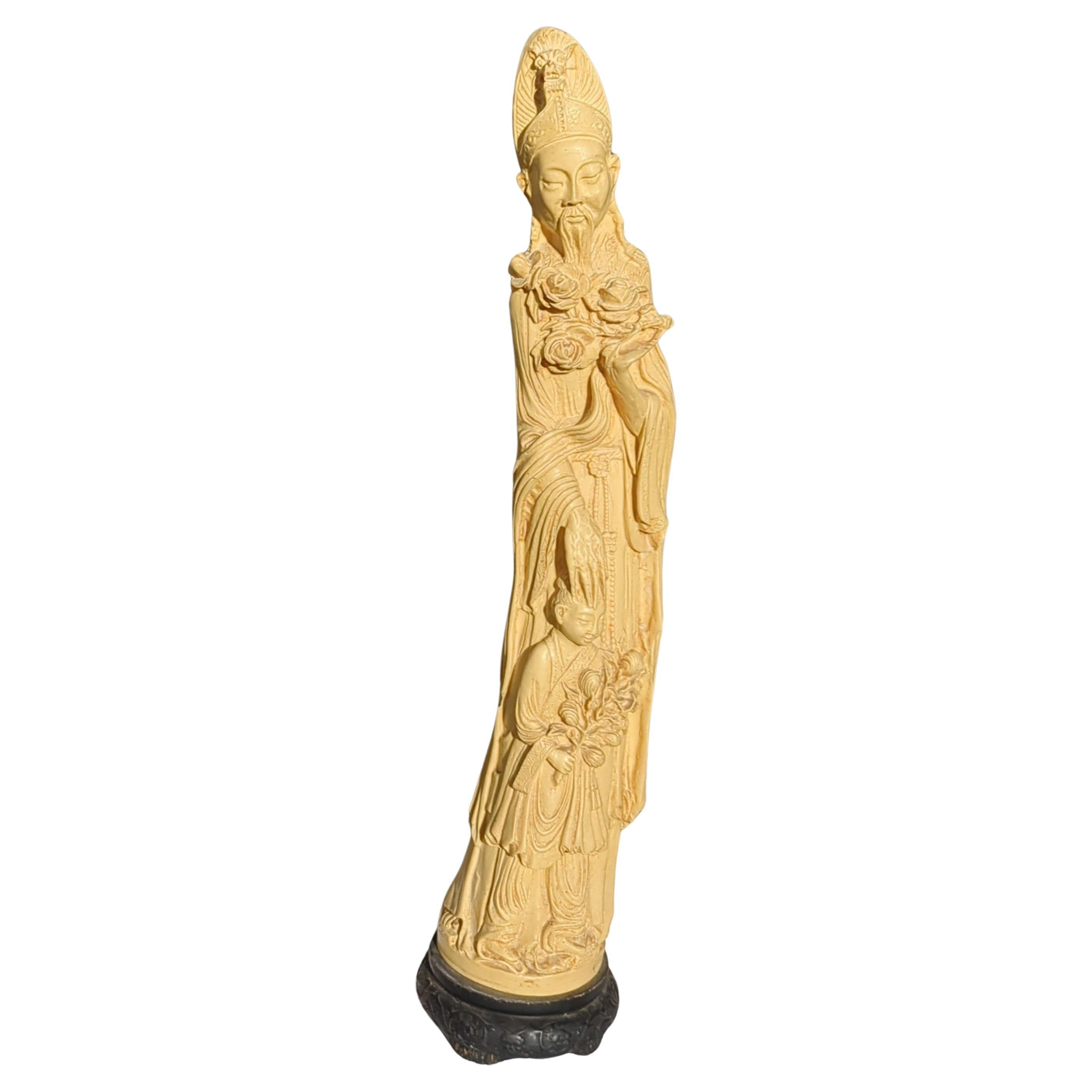Große italienische A.Santini Faux Elfenbeinfarbene Figur des Gottes der Langlebigkeit Chinoiserie, Chinoiserie 20c (Handgeschnitzt) im Angebot