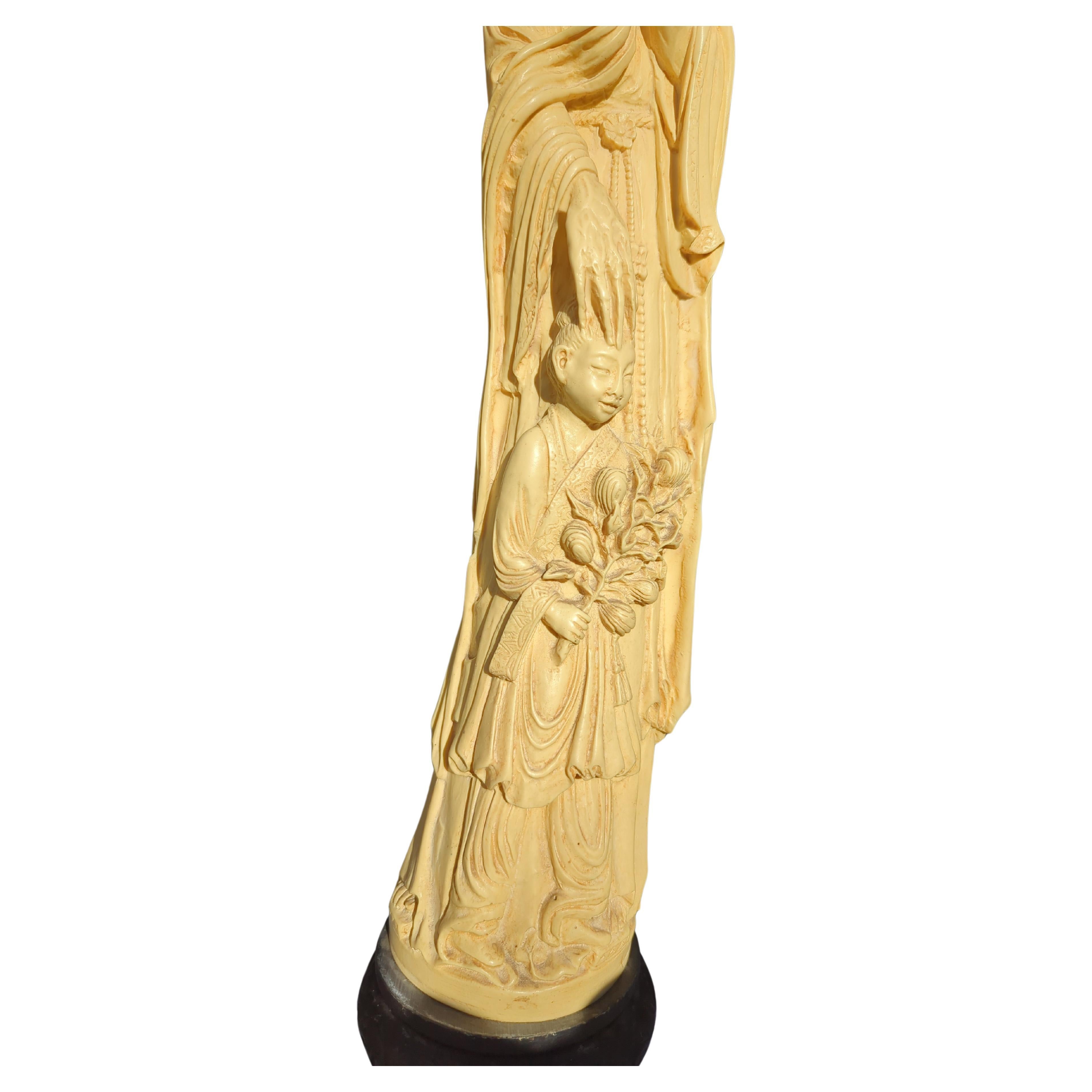 Hand-Carved Large Italian A.Santini Faux Ivory Tusk Carving God of Longevity Chinoiserie 20c For Sale