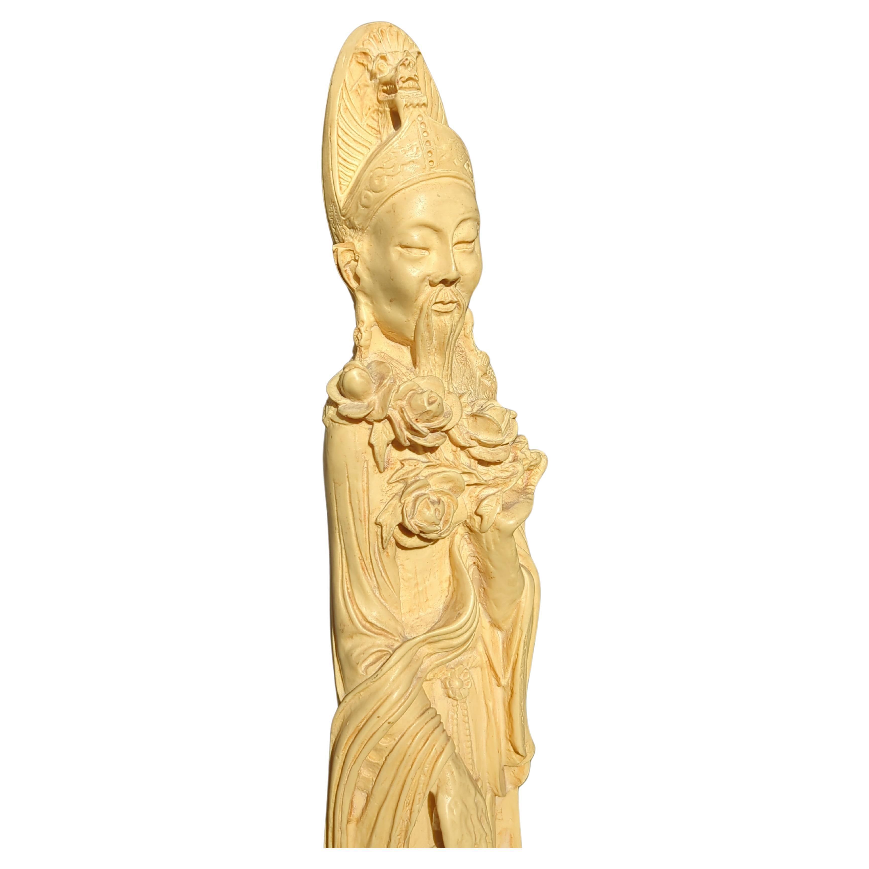 Large Italian A.Santini Faux Ivory Tusk Carving God of Longevity Chinoiserie 20c In Good Condition For Sale In Richmond, CA