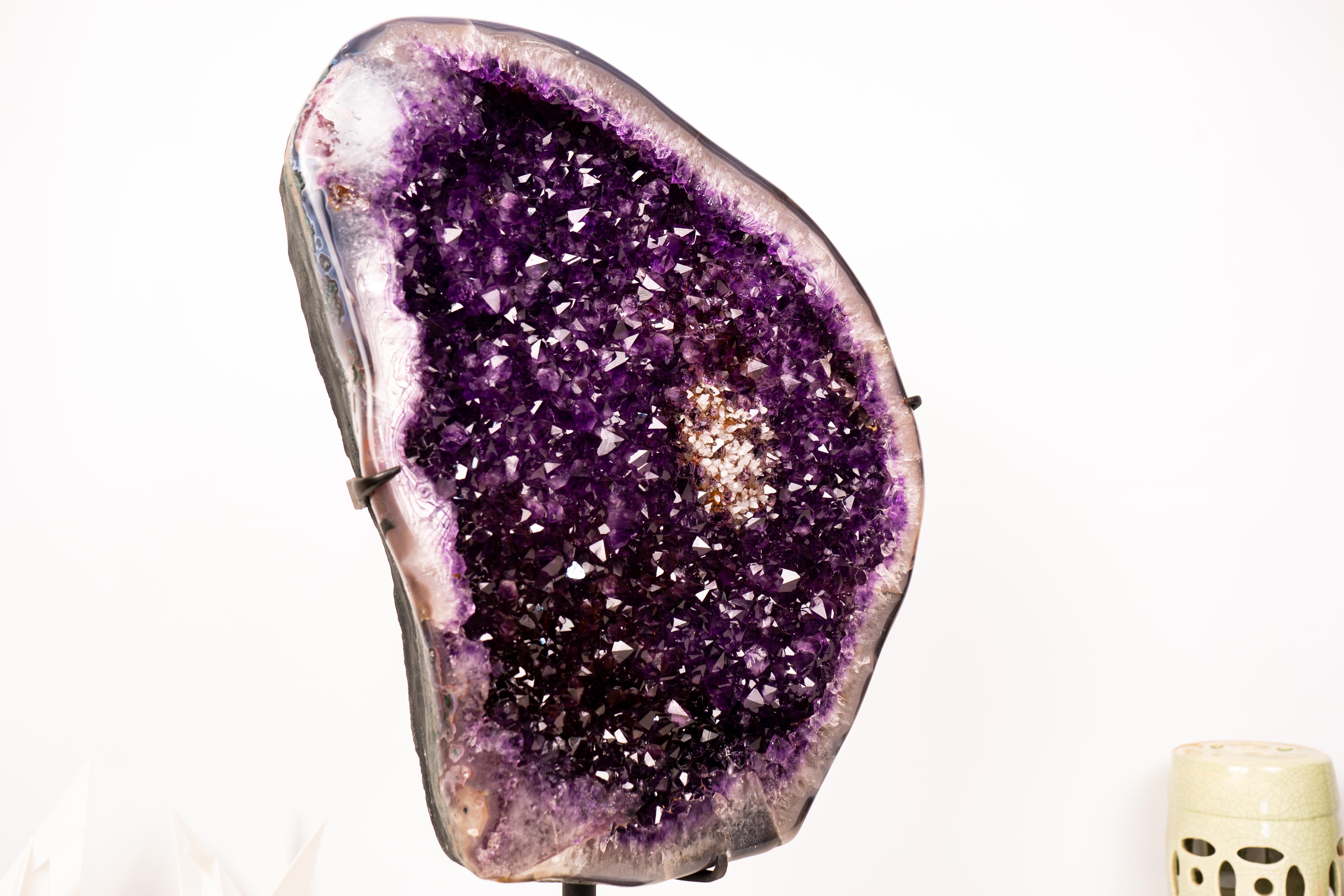 An Amethyst Statement: High-Grade Amethyst Cluster with Sparkly Grape-Jelly Druzy

▫️ Description

This extraordinary high-grade Amethyst Cluster displays numerous qualities, including a rare “nest” of minerals. With its vibrant, deep-purple