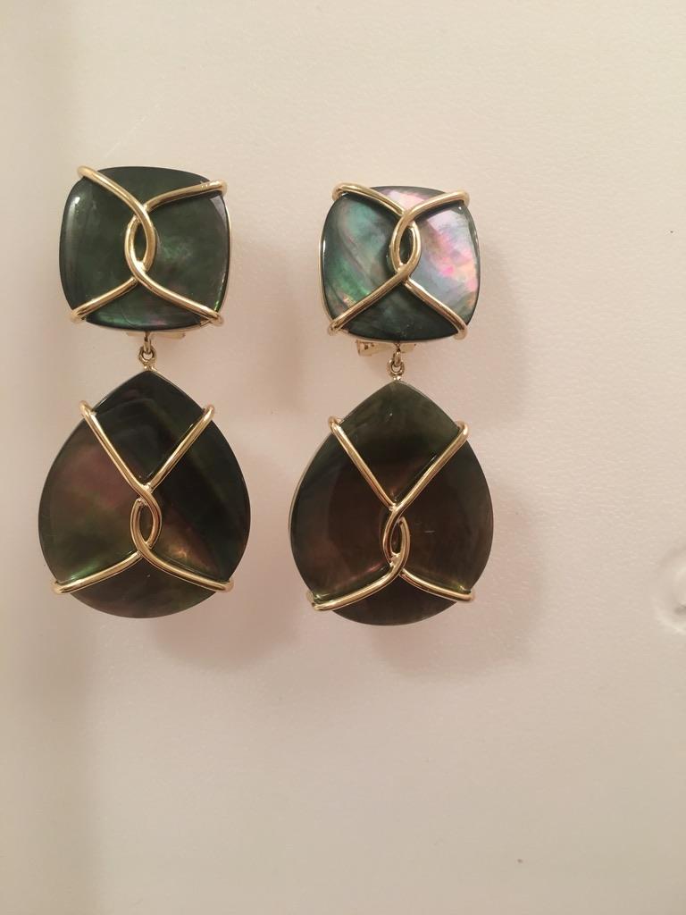 Contemporary Large Abalone Drop Earrings with Twisted Gold Detail For Sale