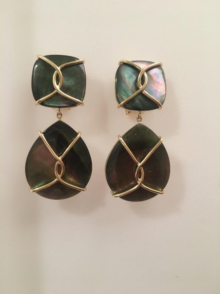 Large Abalone Drop Earrings with Twisted Gold Detail For Sale 3