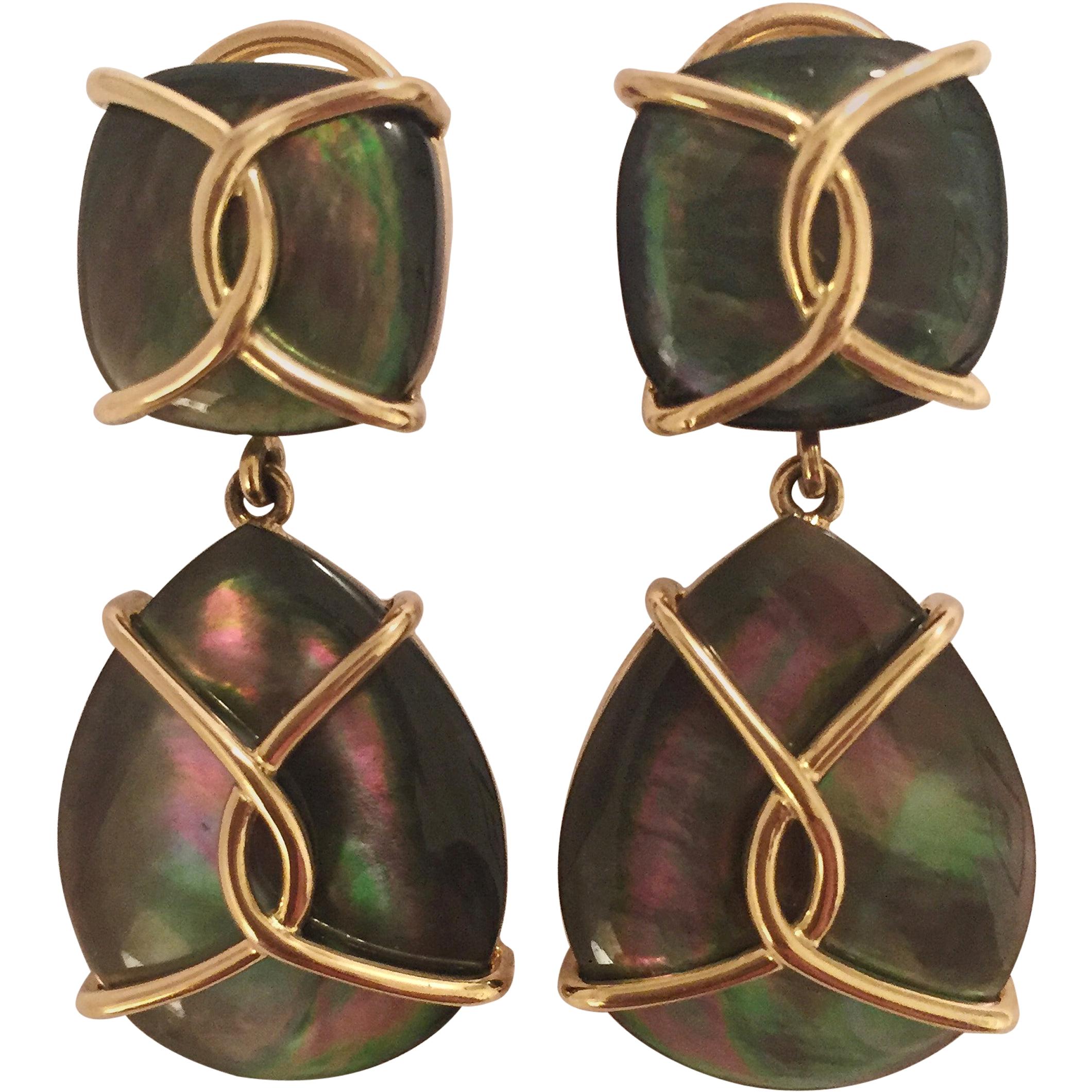 Large Abalone Drop Earrings with Twisted Gold Detail