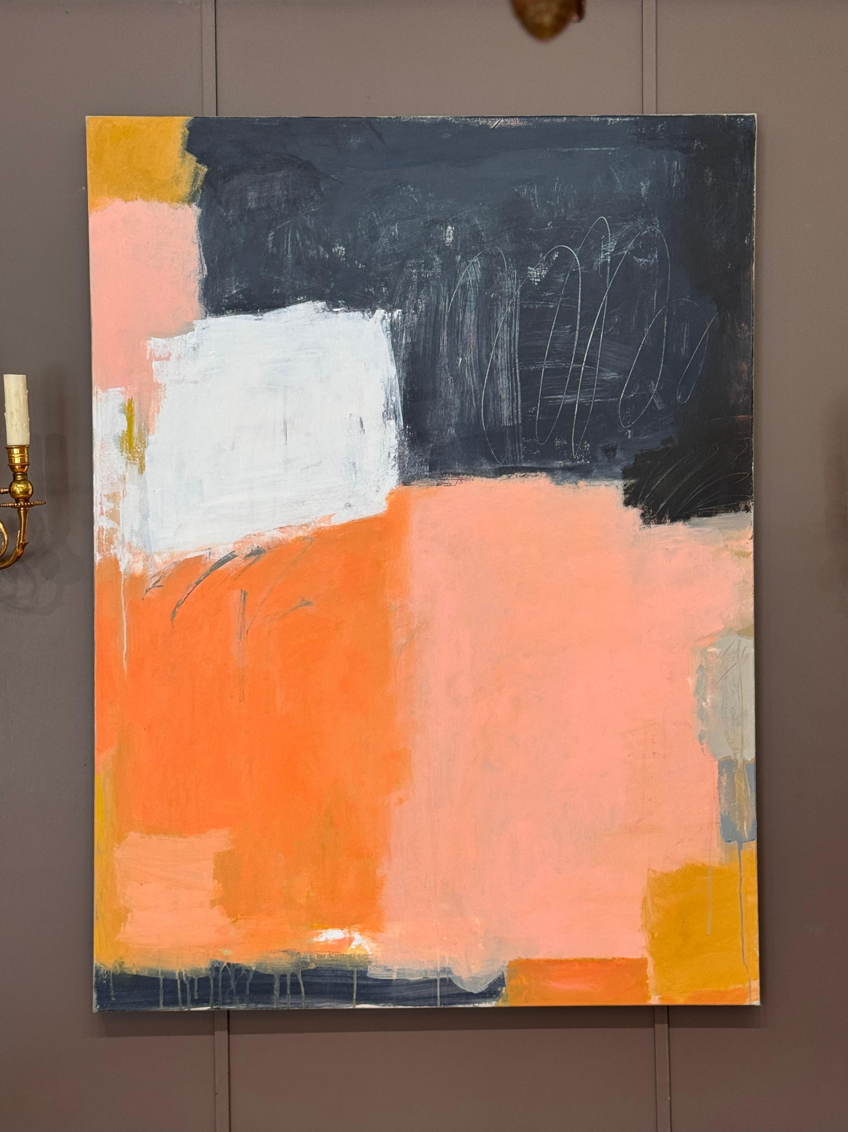 Kühnes und ausdrucksstarkes großformatiges abstraktes Acrylgemälde des in Richmond lebenden Künstlers Claiborne Riley. Das Werk zeigt geschichtete Blöcke aus gesättigten Farben - Pfirsich, Schwarz, Ocker und Weiß - mit sichtbarer Textur und