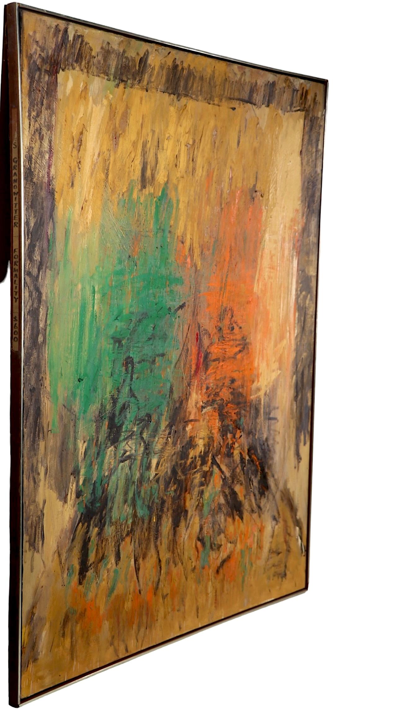 Well done period abstract expressionist acrylic painting by Jules Granowitter, circa 1950/1960's. Jules Granowitter was a Brooklyn born artist, a graduate of Cooper Union, he worked professionally in NYC as an illustrator, cartoonist and a painter.