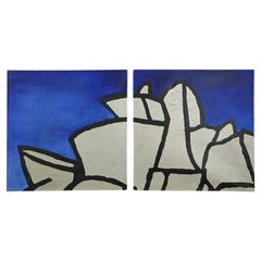 Retro Large Abstract Architectural Diptych by Richard Sladden