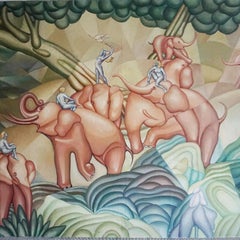 Large Abstract Art Deco Oil on Canvas Painting by Roy Macnicol