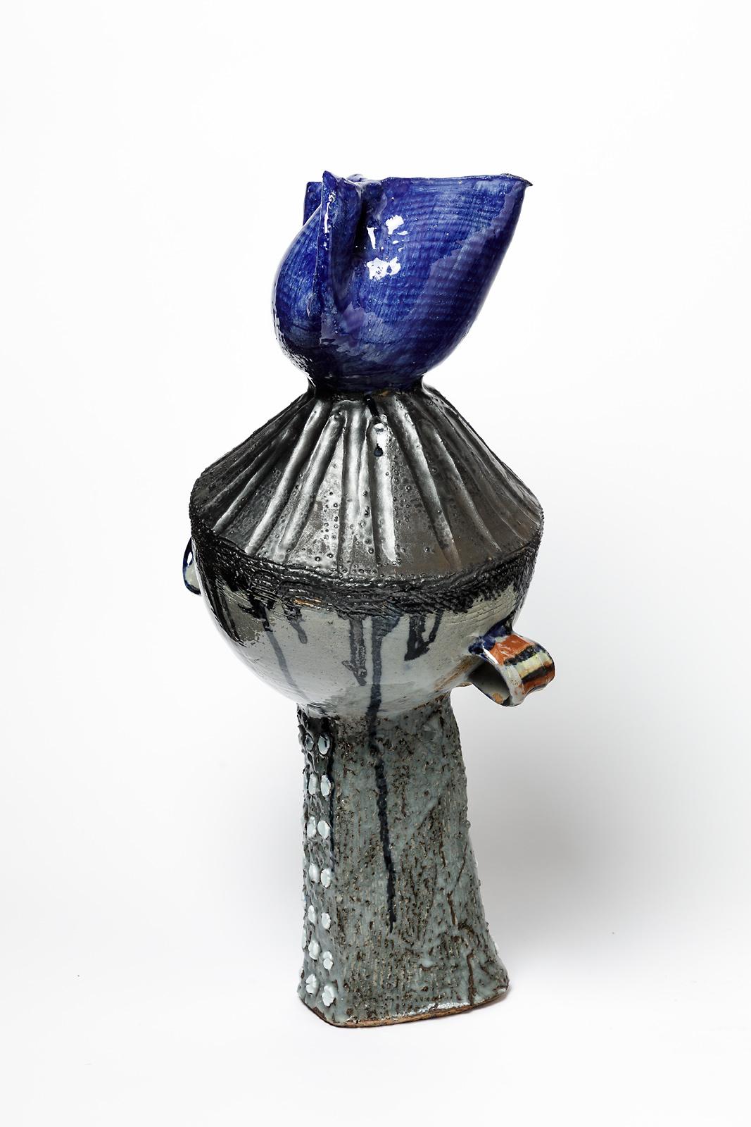 Grande scultura astratta in ceramica blu e rossa in gres di Michel Lanos In condizioni ottime in vendita a Neuilly-en- sancerre, FR