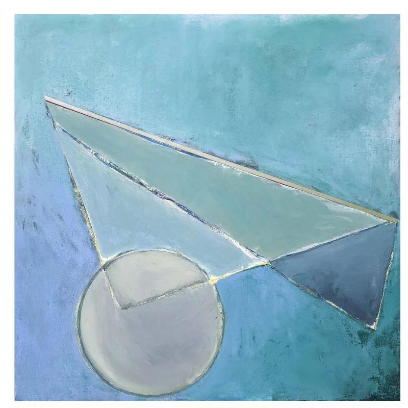 A large abstract oil on canvas painting signed by Rita Edelman. Edelman's expansive oil on canvas is a captivating exploration of geometric abstraction, where the interplay of triangles and a single circle takes center stage in a mesmerizing dance