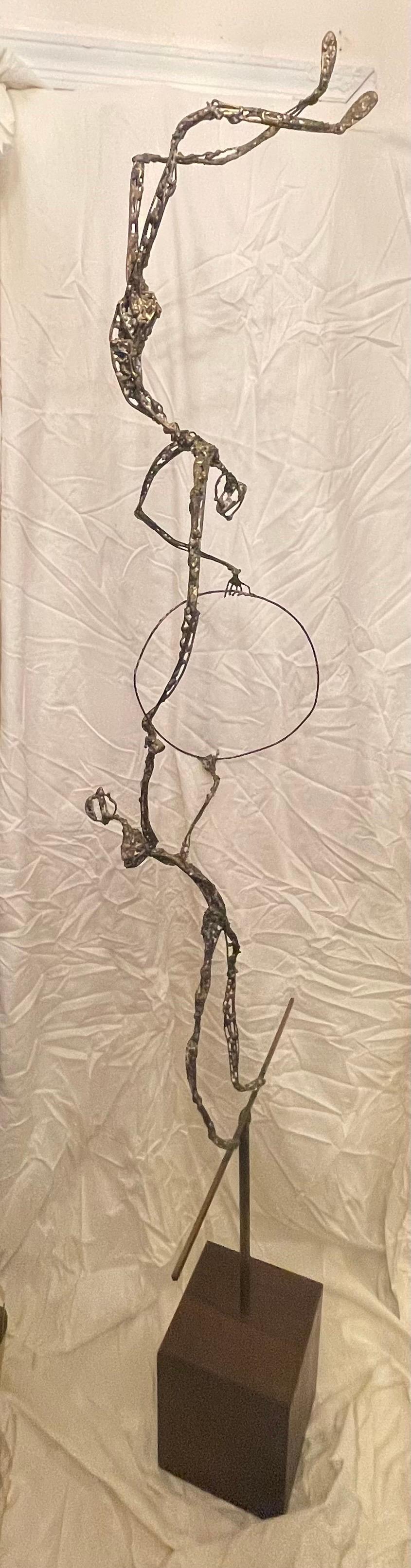 Hand-Crafted Large Abstract Bronze Circus Performers Rosewood Base Victor Zaikine Giacometti For Sale