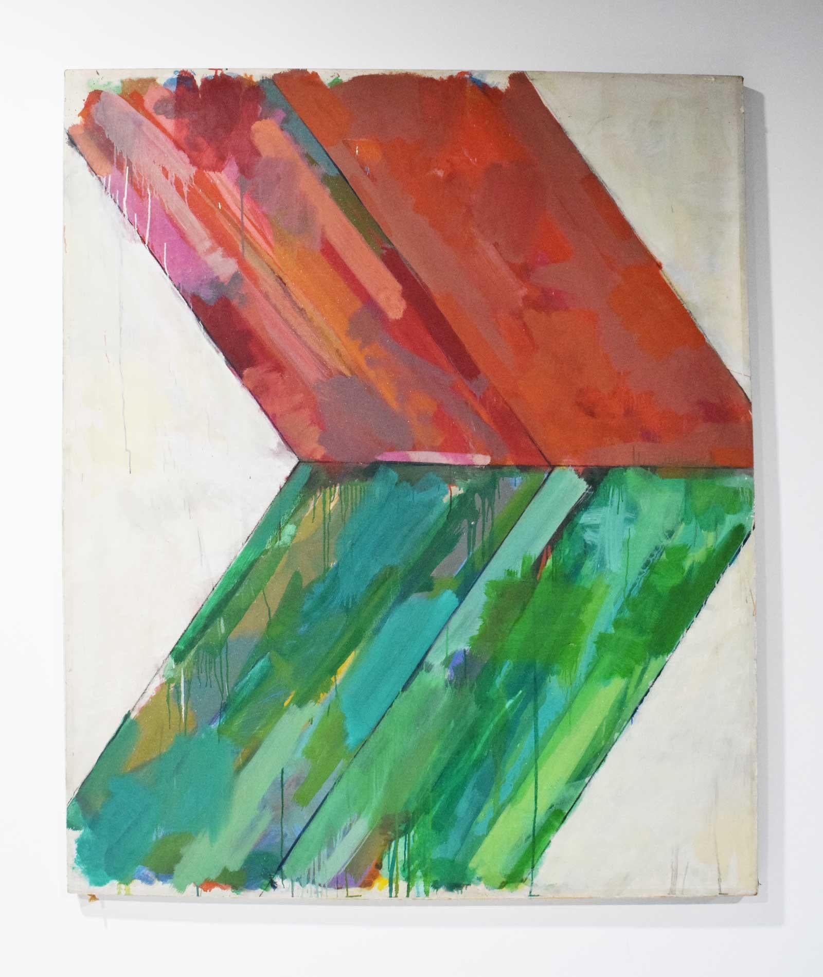 Large oil on canvas by John Simpson, dated 1964. Exhibited at the Brooklyn Museum of Art. Ellsworth Kelly style geometric with vibrant reds and greens.