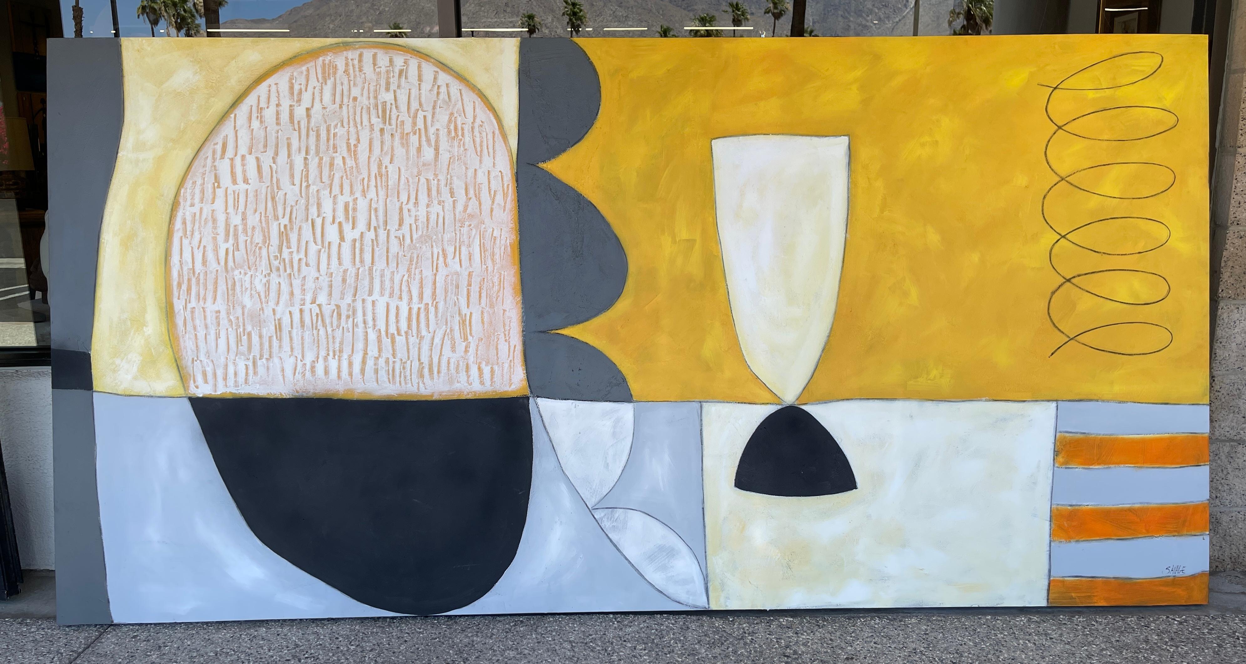 Wonderful whimsical monumental abstract by the noted Palm Springs Artist Shawn Savage. The painting is on masonite with a wood backing. Signed Savage lower right. It is large, at 10 feet wide. The estate we acquired this painting from was purchased