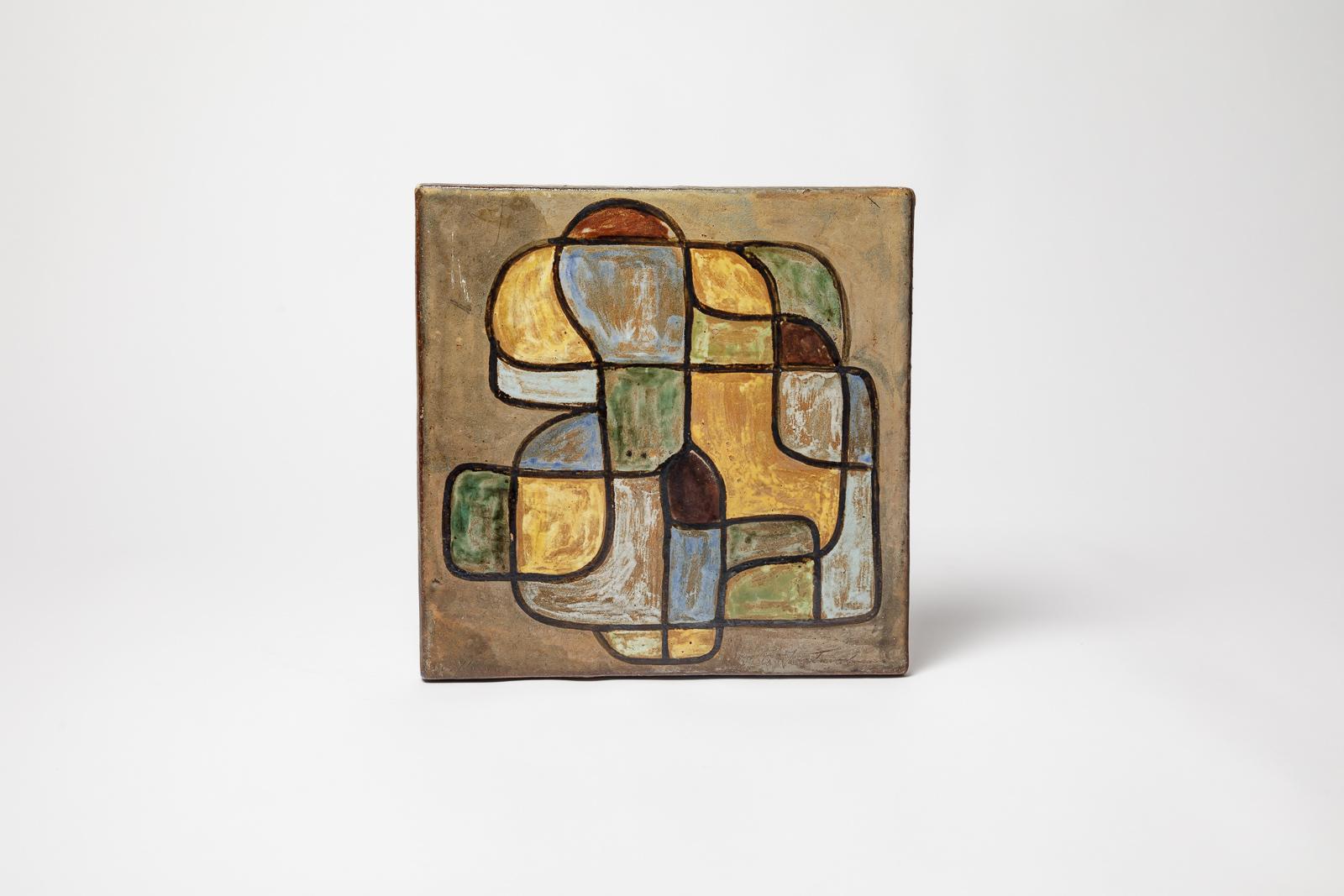 large abstract ceramic tile or panel or table plate by Alexandre Kostanda 1950 im Angebot 1