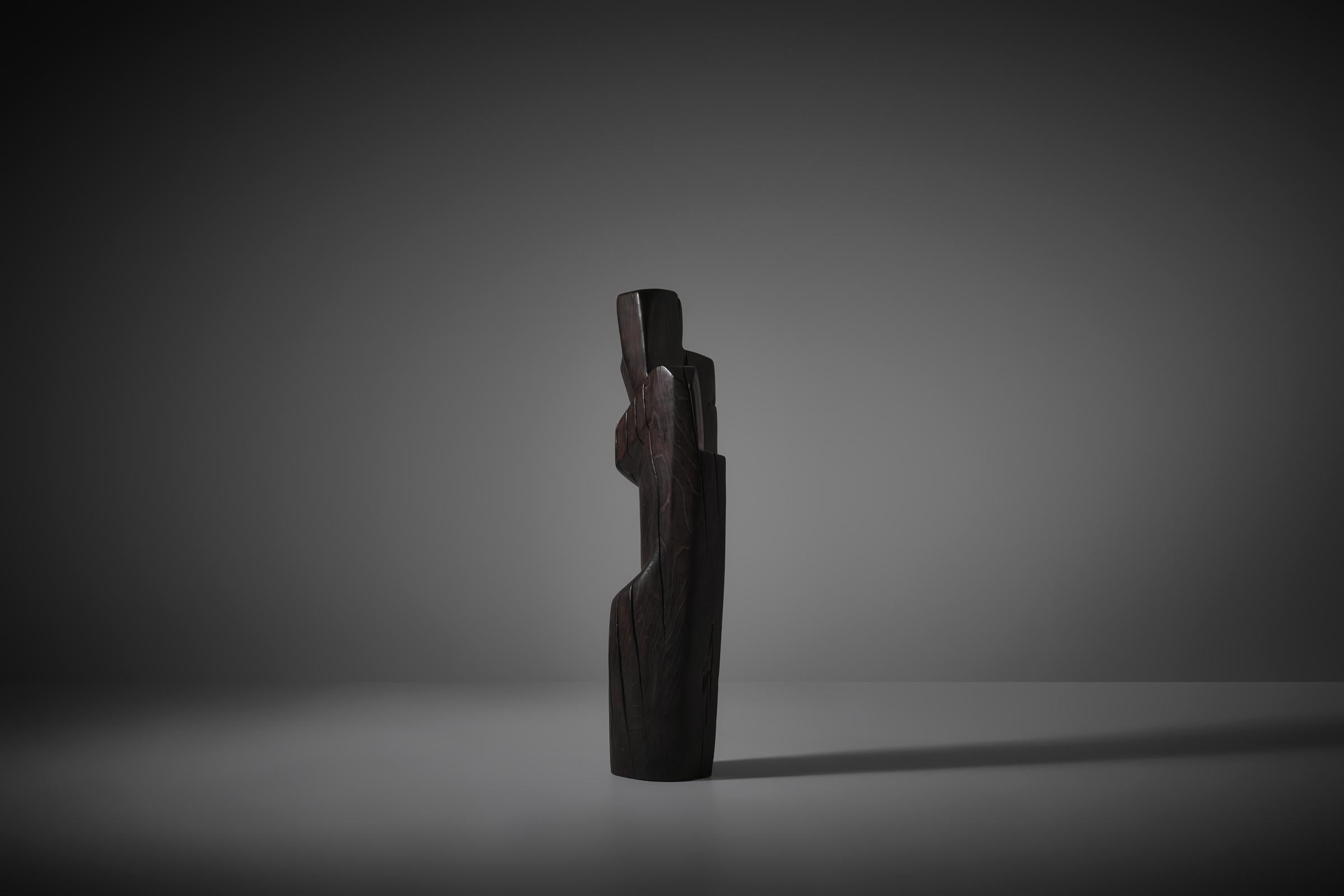 Unknown Large Abstract dark stained Elm wooden sculpture, 1970s For Sale