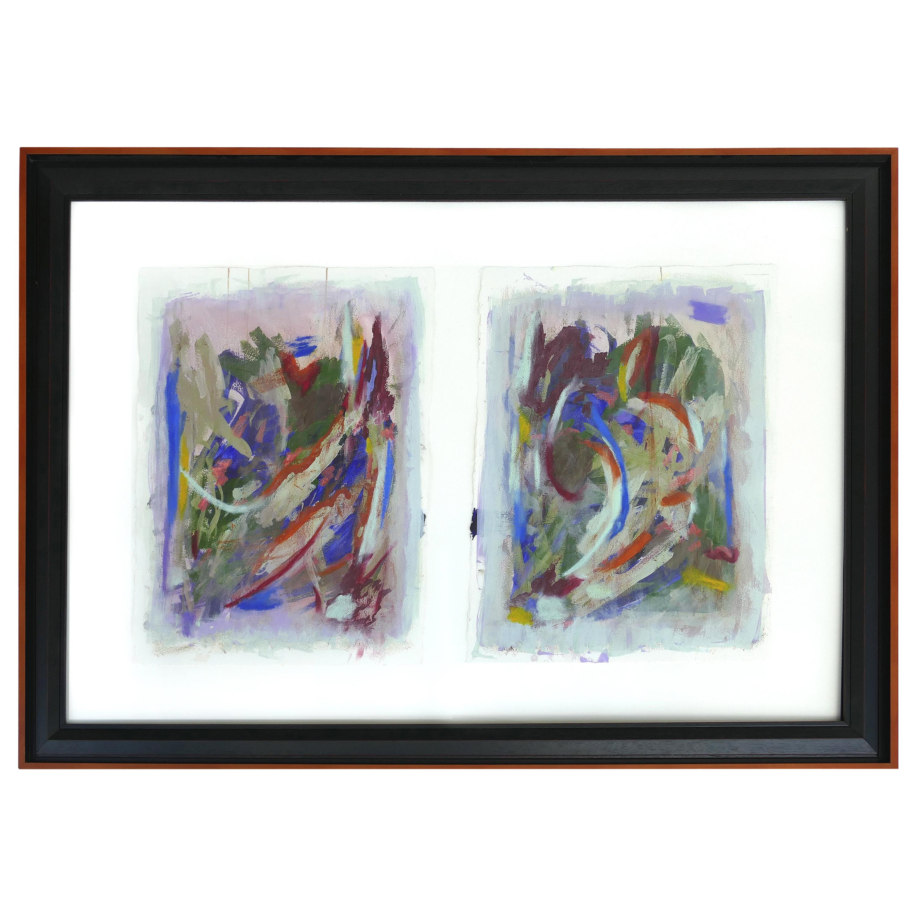 Grande peinture abstraite vintage en diptyque, signée, 2014, encadrée sous verre