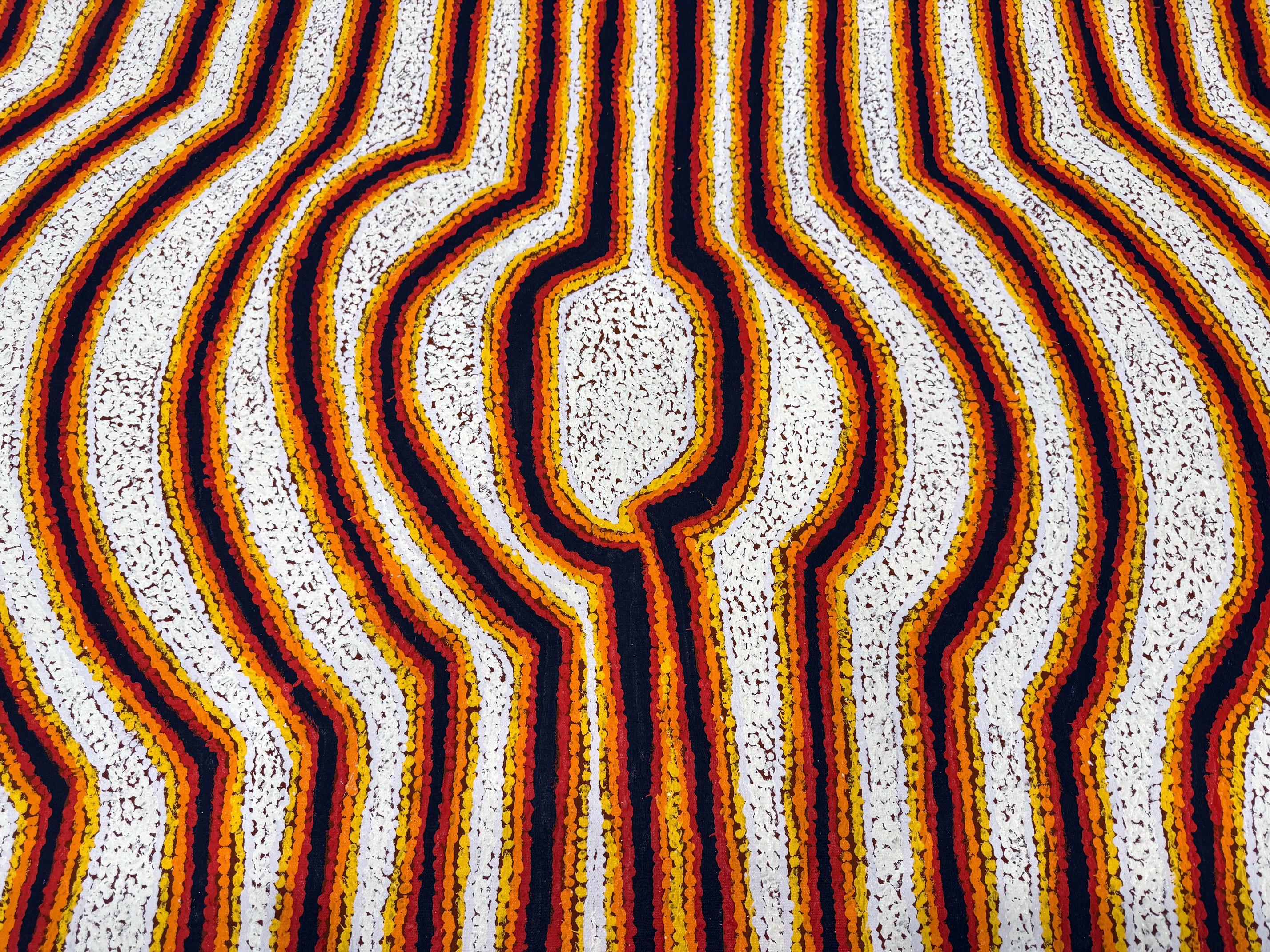 Title: Soakage Site at Tjiturrulpa
Artist: Eileen Napaltjarri (1956-2024)
Medium: Acrylic on Belgian linen.
Painted in early 2000s.
Provenance: Comes with Certificate of Authenticity from the Gallery in Australia where the painting was originally