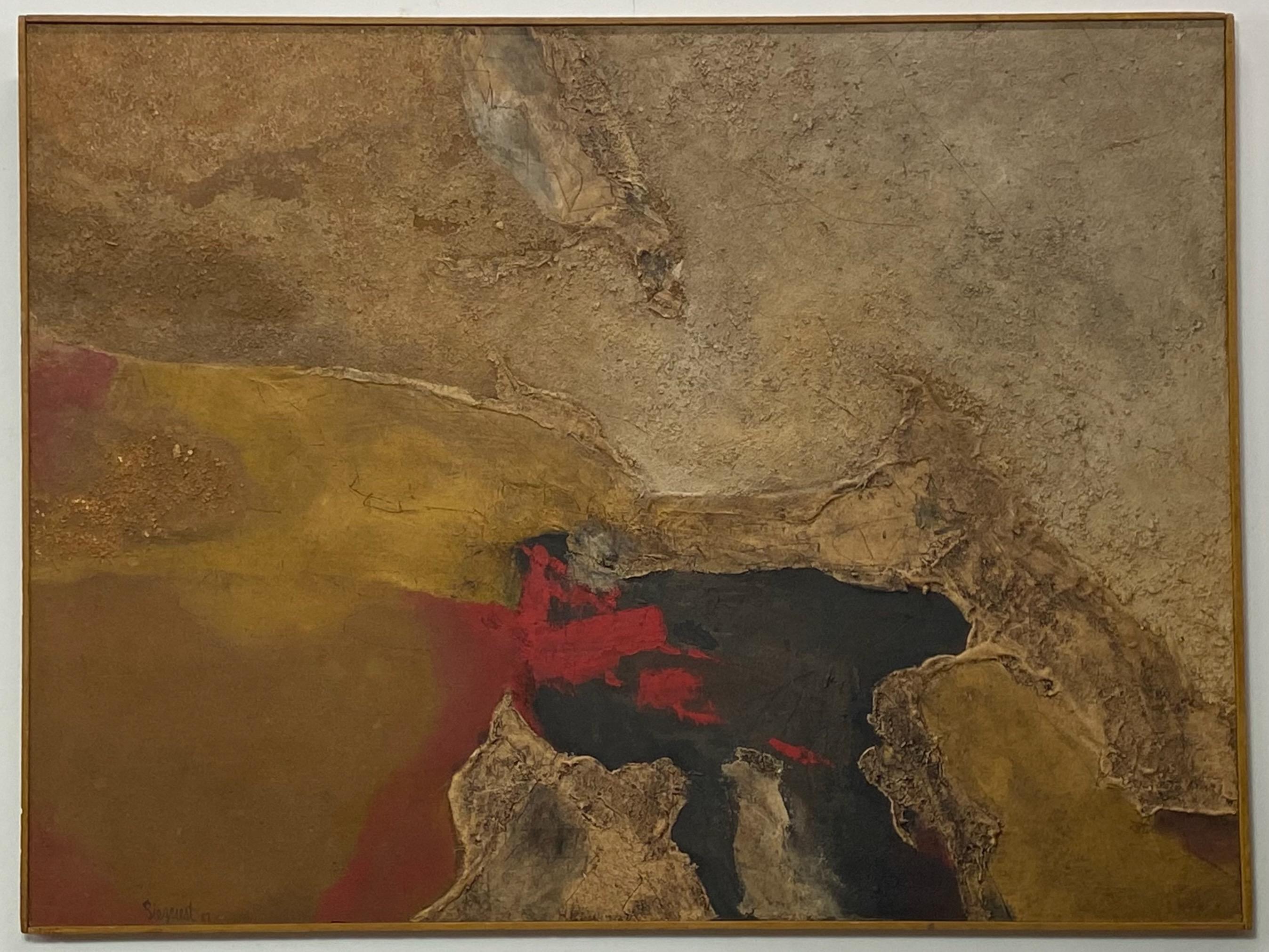 Large modern abstract expressionist painting by California Bay Area artist Louis Siegriest (born 1899 - died 1989).
Oil on board, titled Fire Mountain and dated 1962.

Siegriest established a studio in Oakland, California, where he was a member