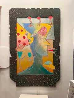 Large Abstract Figural Outsider Pop Art Painting Custom Wood Frame