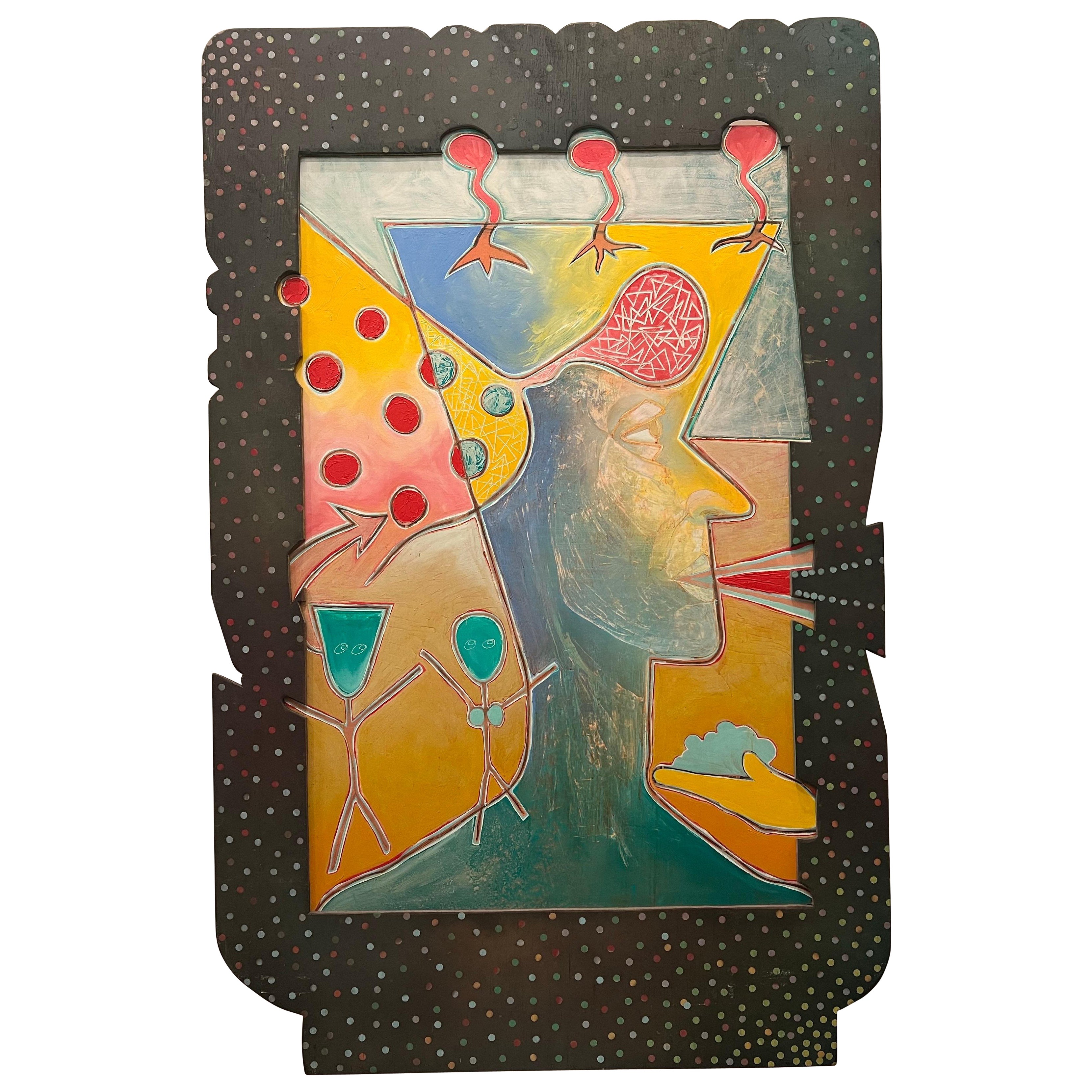 Large Abstract Figural Outsider Pop Art Painting Custom Wood Frame For Sale