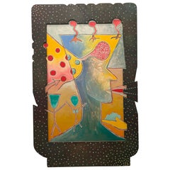 Large Abstract Figural Outsider Pop Art Painting Custom Wood Frame