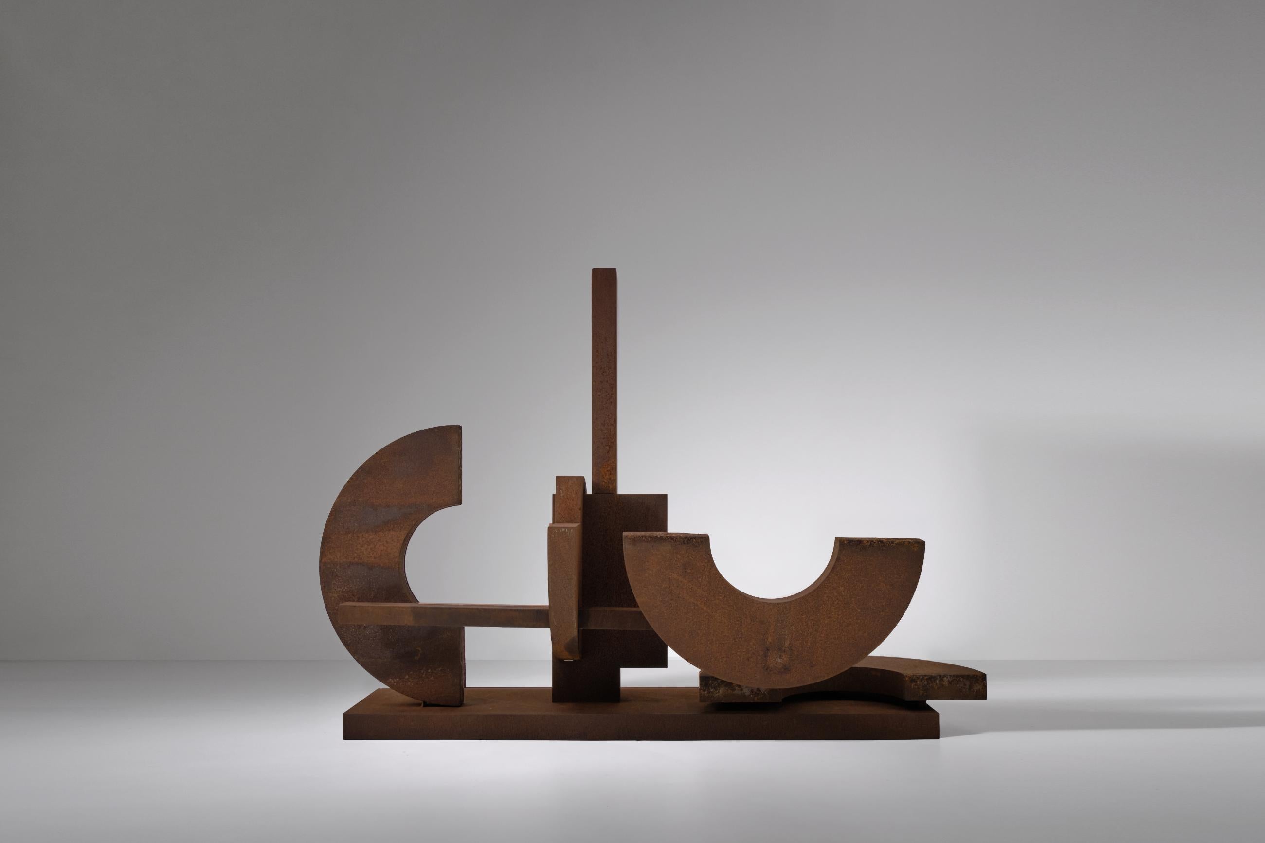 Large abstract geometric corten steel sculpture, 1970s. The sculpture is composed of different geometric forms made out of corten steel and has a very strong architectonic appearance. The surface of the sculpture shows a beautiful oxidation which