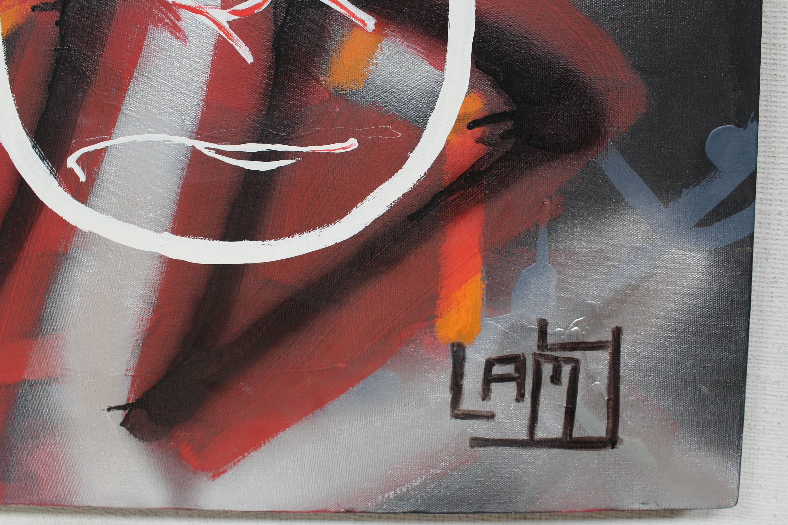 Large and vibrant abstract painting by contemporary artist Lionel Lamy. Acrylic, spray paint and oil stick on canvas.