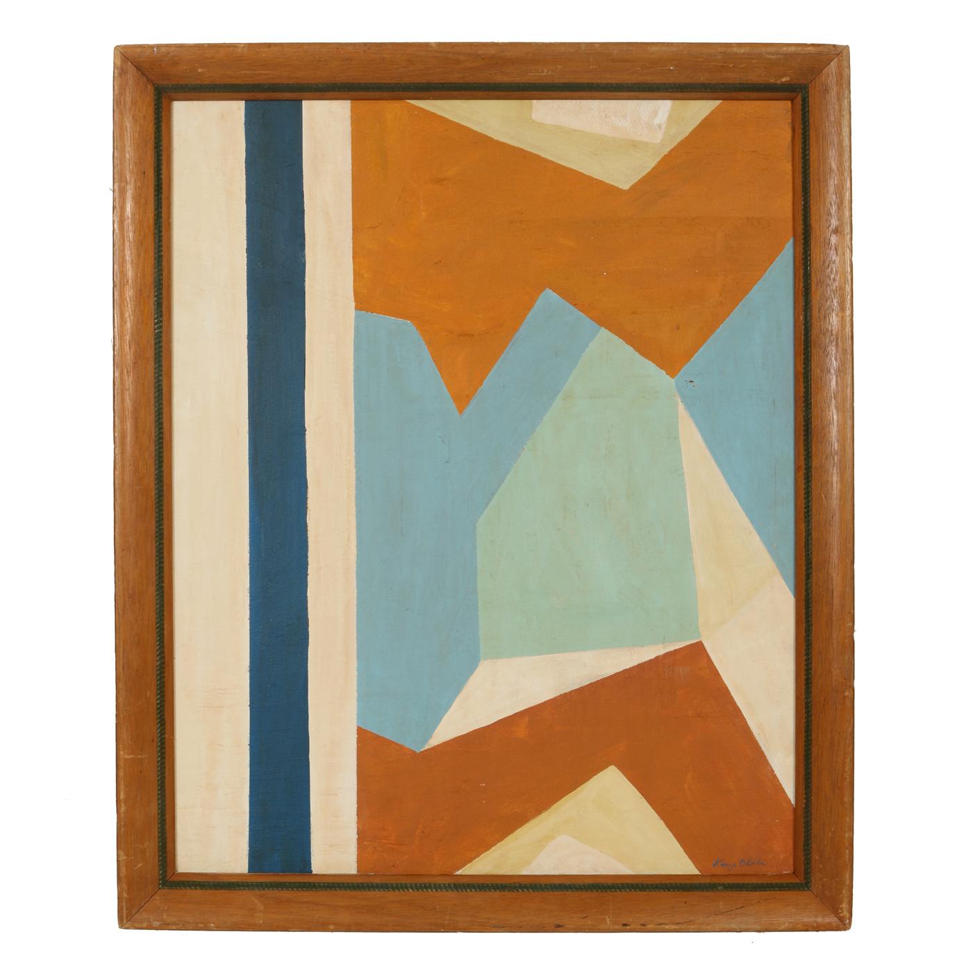 Large abstract painting by Kenzo Okada in oil on board in blue, ochre and cream.