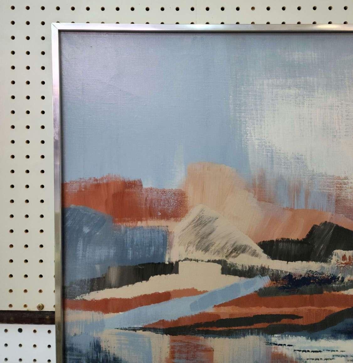 Large Abstract Landscape Painting by Lee Reynolds with Blues, Oranges, Pastels 7
