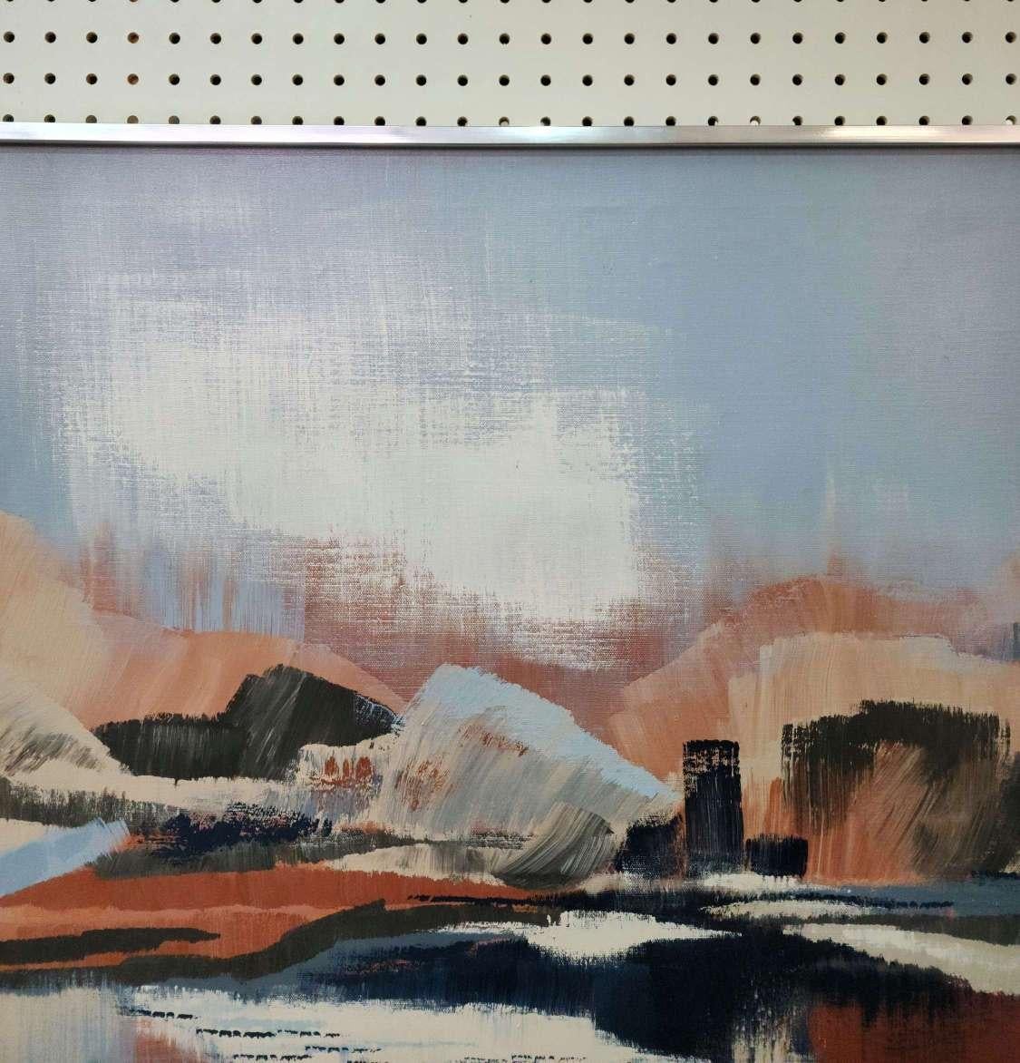 Large Abstract Landscape Painting by Lee Reynolds with Blues, Oranges, Pastels 8