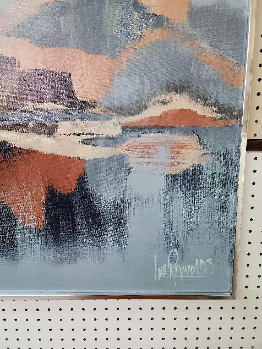 This wonderful Mid-Century Modern landscape has a unique abstract horizon along a waterfront. It could me depicted as a mountain and hill range along water. Or even a city nestled in the mountains. Large scale painting approximately 4ft x 2.5ft is