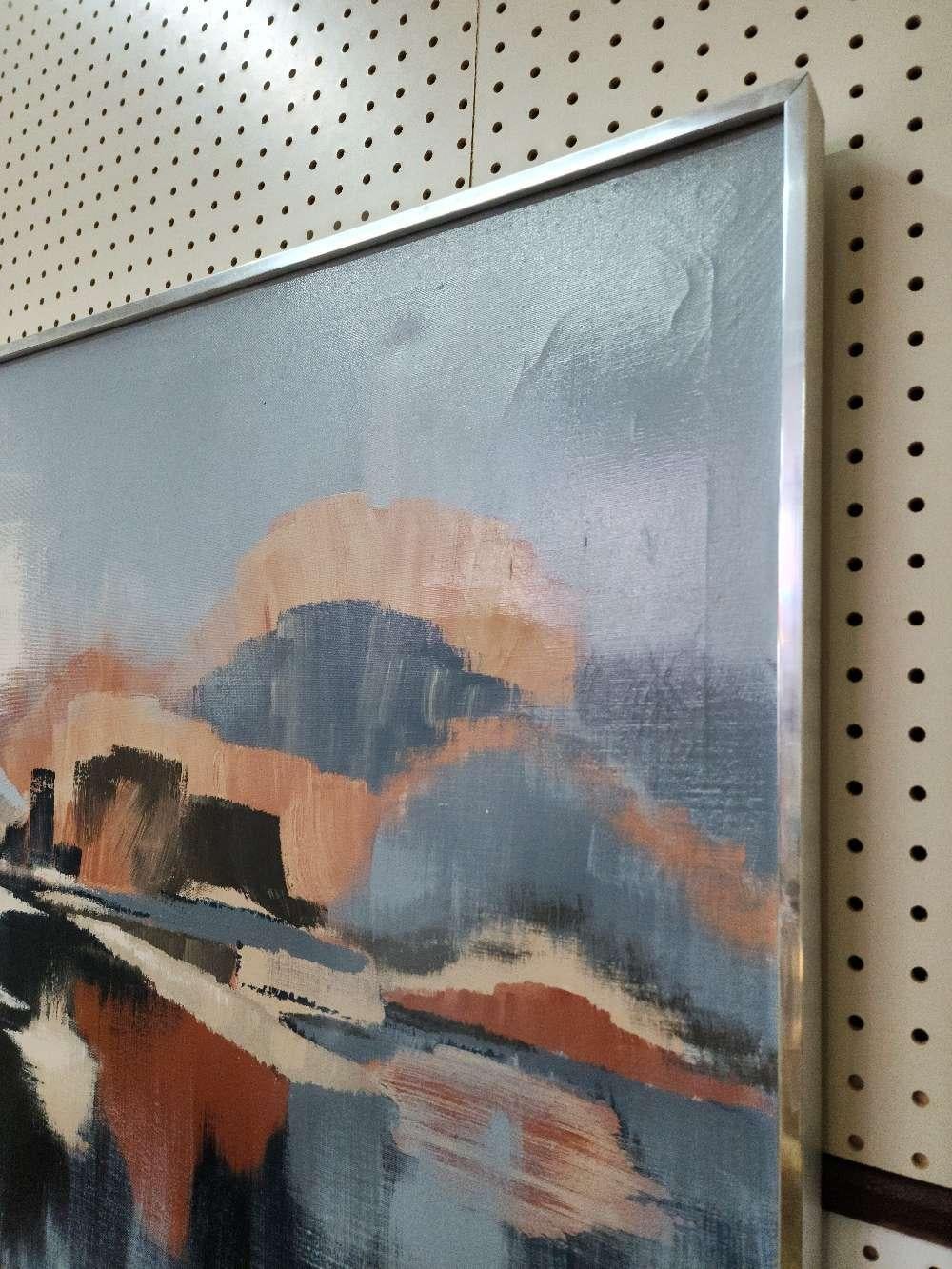 Large Abstract Landscape Painting by Lee Reynolds with Blues, Oranges, Pastels In Good Condition In Bay City, MI