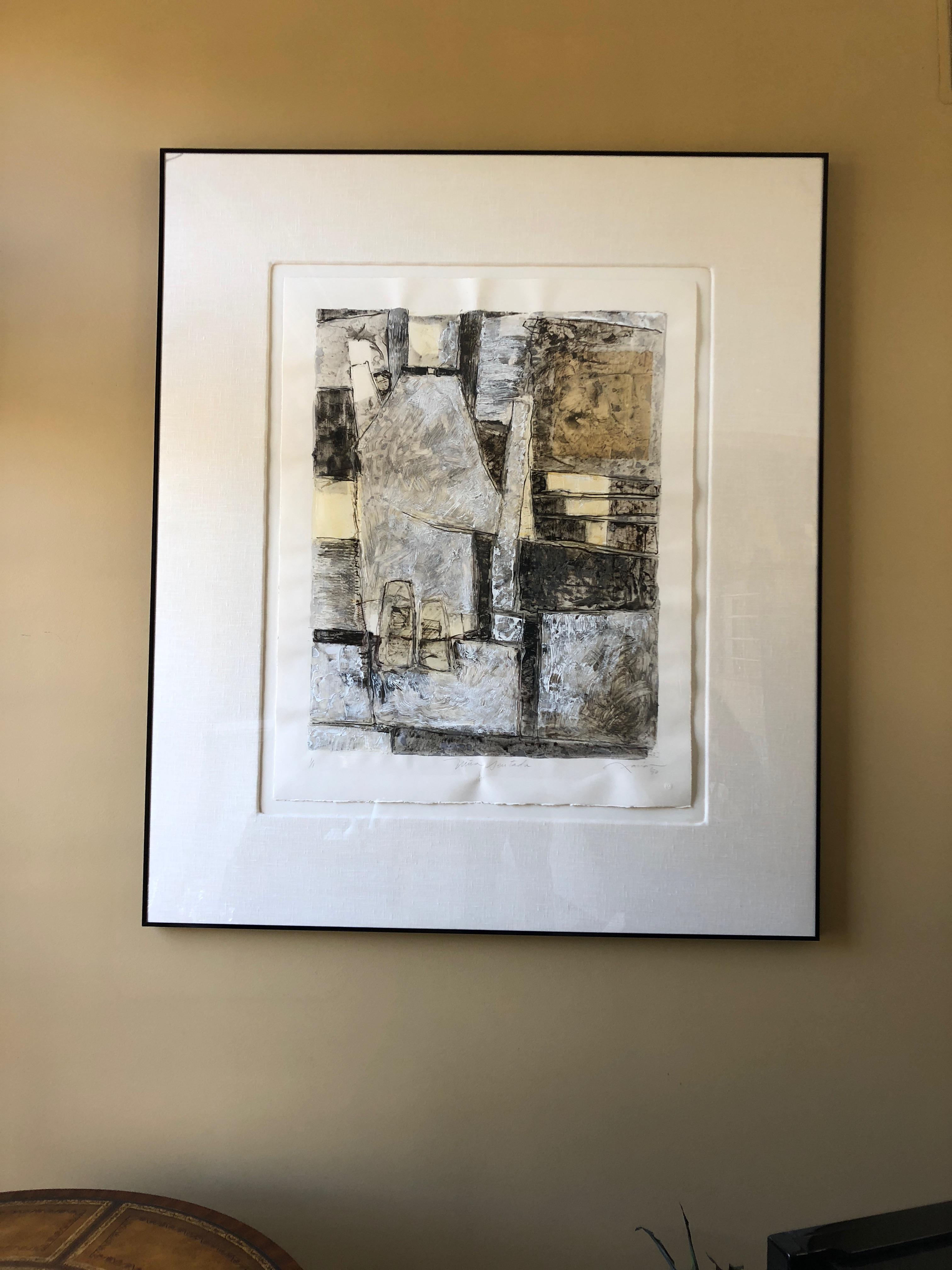 Large Abstract Lithograph in Black Grey and Tan 6