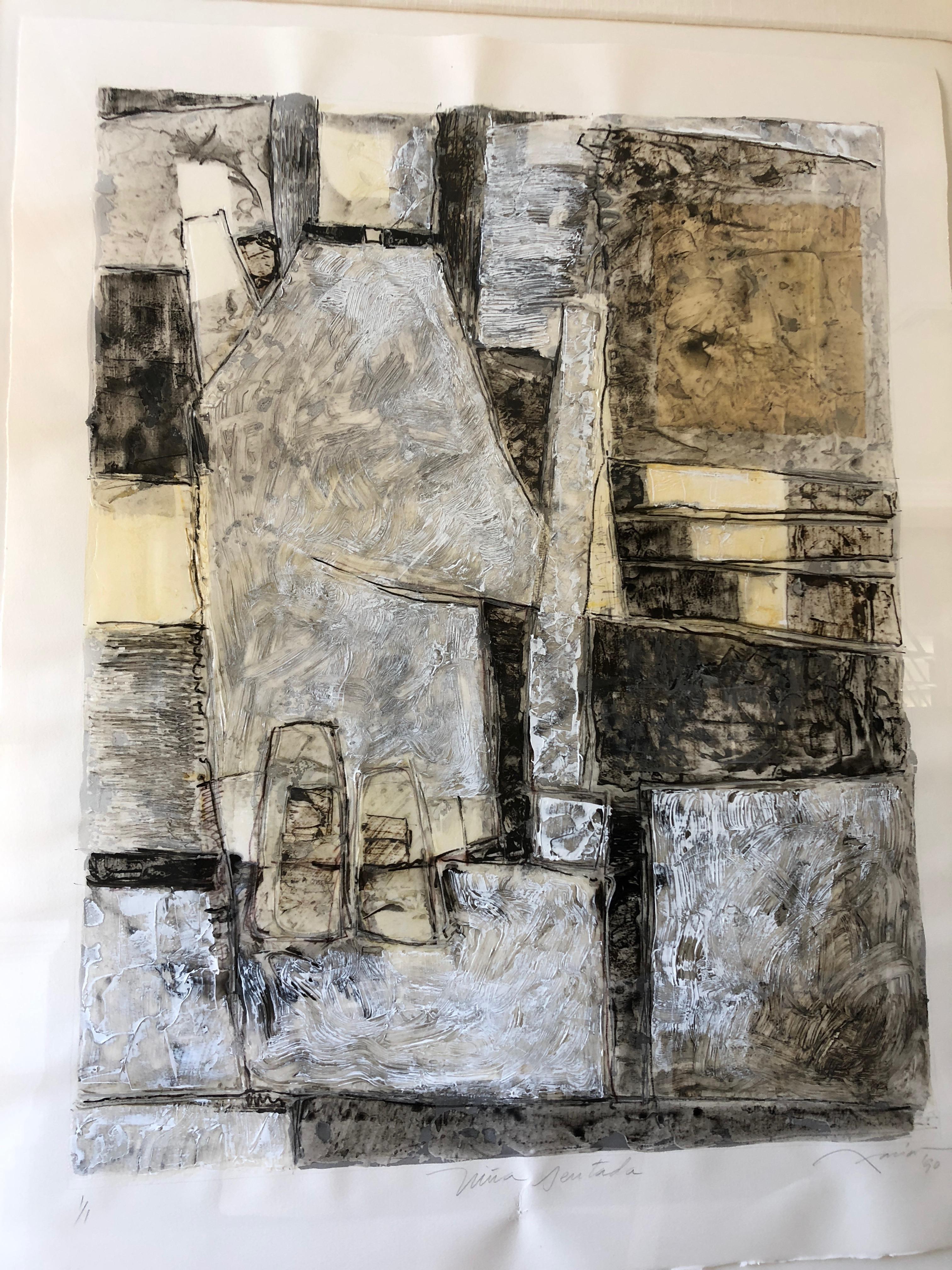 Large Abstract Lithograph in Black Grey and Tan 1