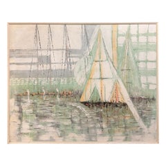 Grande scena astratta di porto con barca a vela di Ferrante, Impasto Mid Century