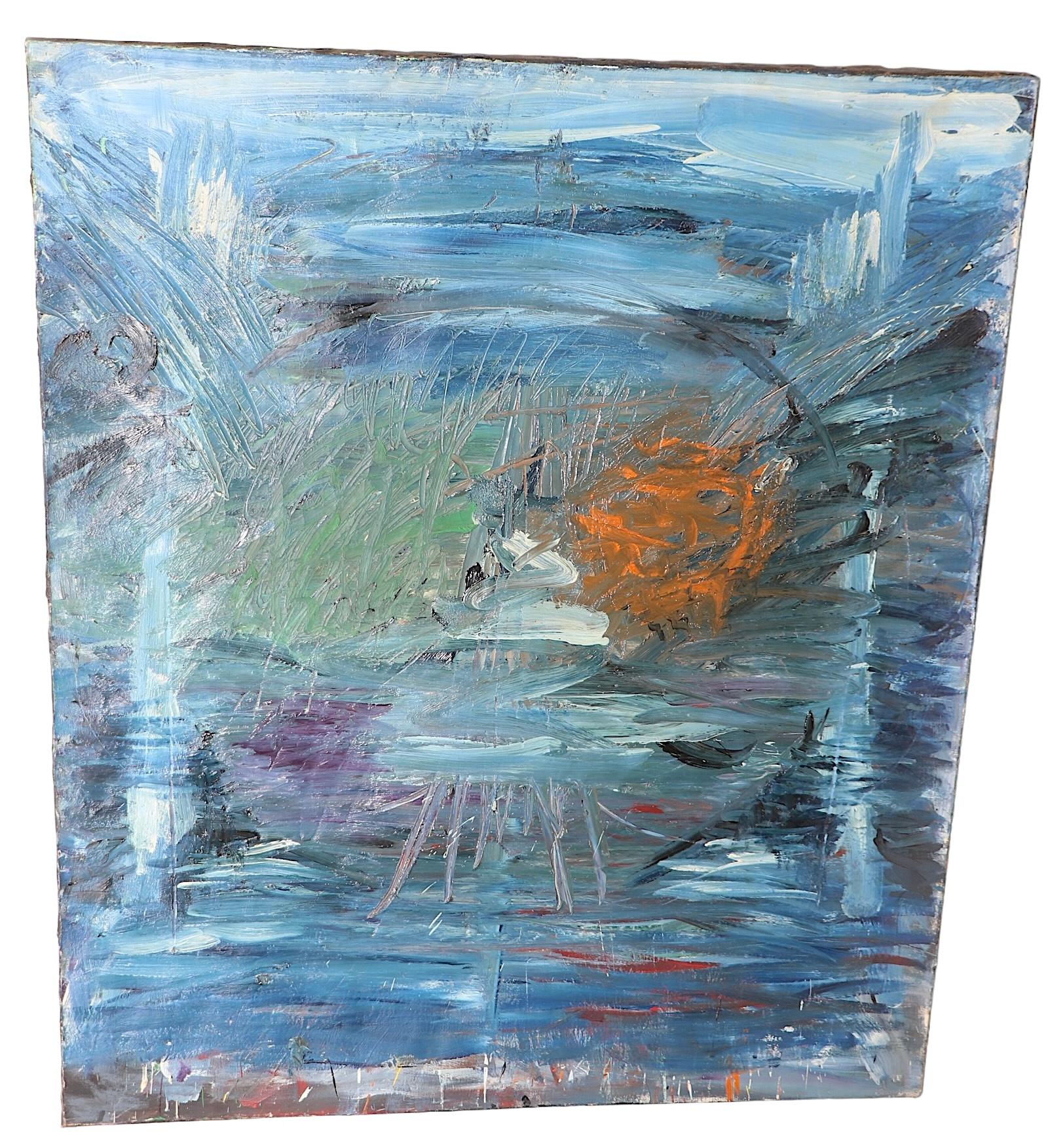 Large abstract acrylic painting by noted NYC artist Jules Granowitter. The painting is mainly executed in tones of blue with orange, purple,  green, gray and red also visible. Nice big size without being unmanageable, the painting is a classic