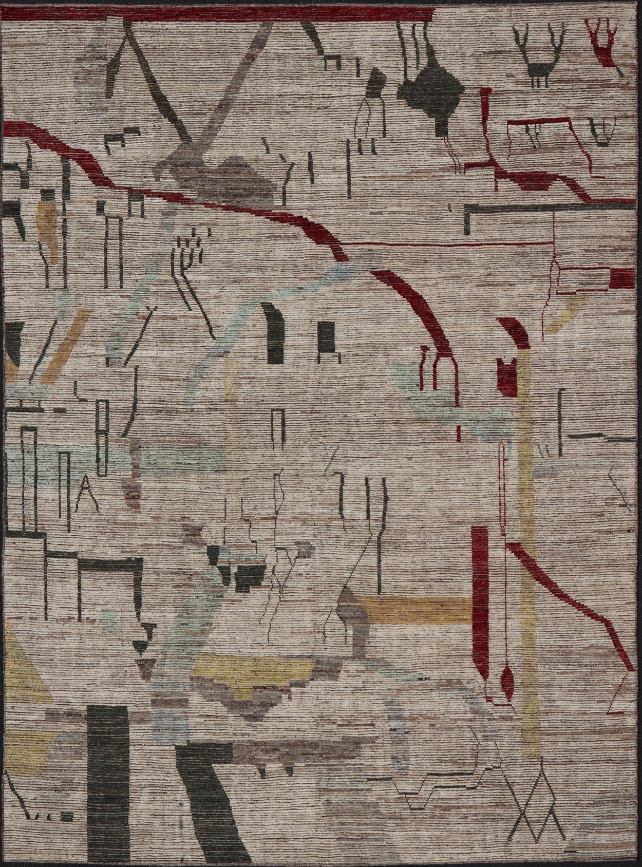 Large Abstract Modern Casual Rug in Green, Red, and Soft Yellow For Sale