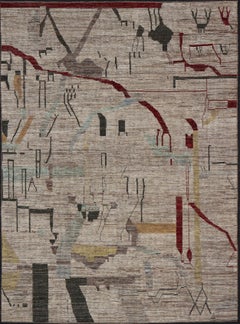 Large Abstract Modern Casual Rug in Green, Red, and Soft Yellow
